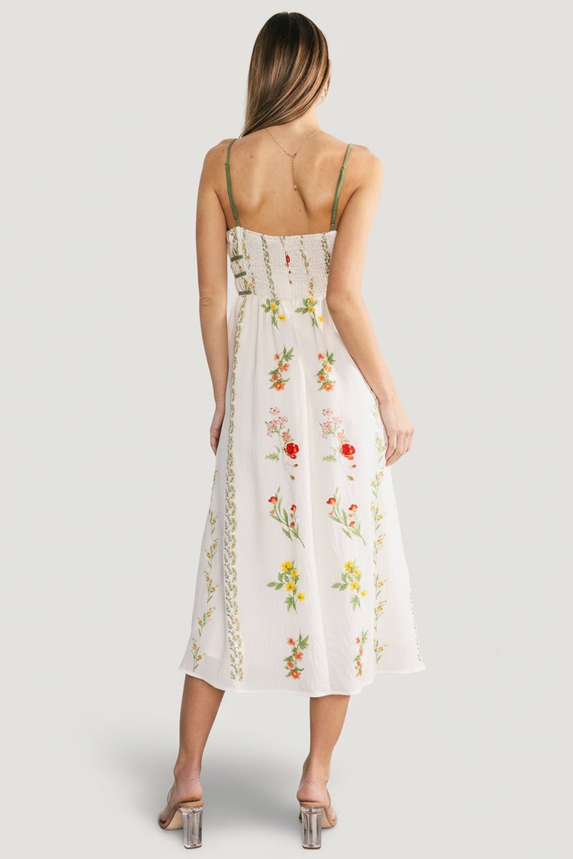 Back view of Cerise Midi Dress highlighting the smocked back panel and hidden zipper for a comfortable, adjustable fit.