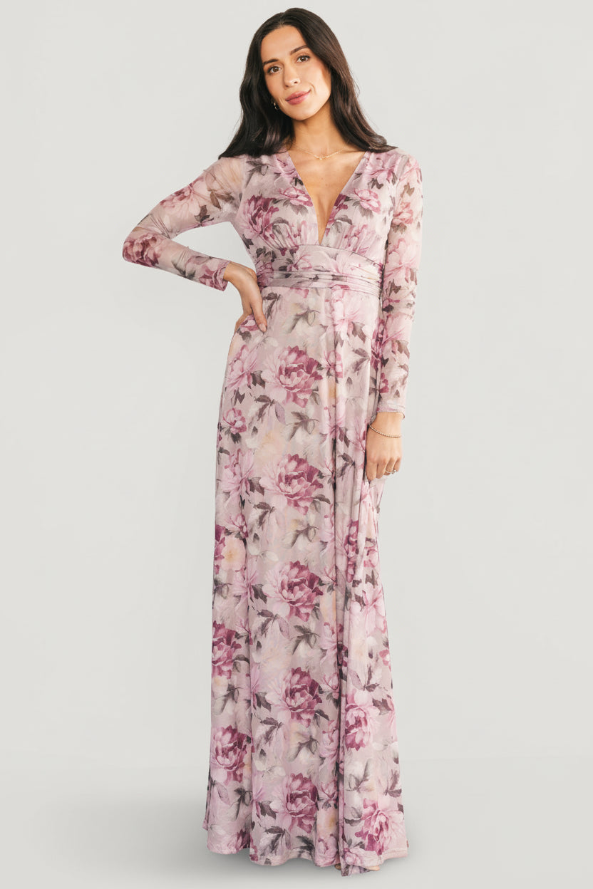 Front view of Fable Mesh Maxi Dress in dusty blush mauve with soft floral print, deep V-neckline, and floor-length silhouette.