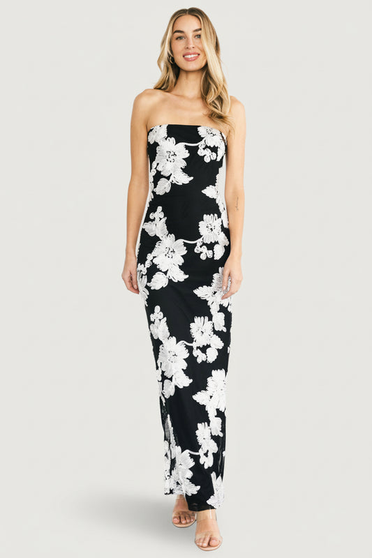 Chantelle Strapless Maxi Dress | Black + White Floral