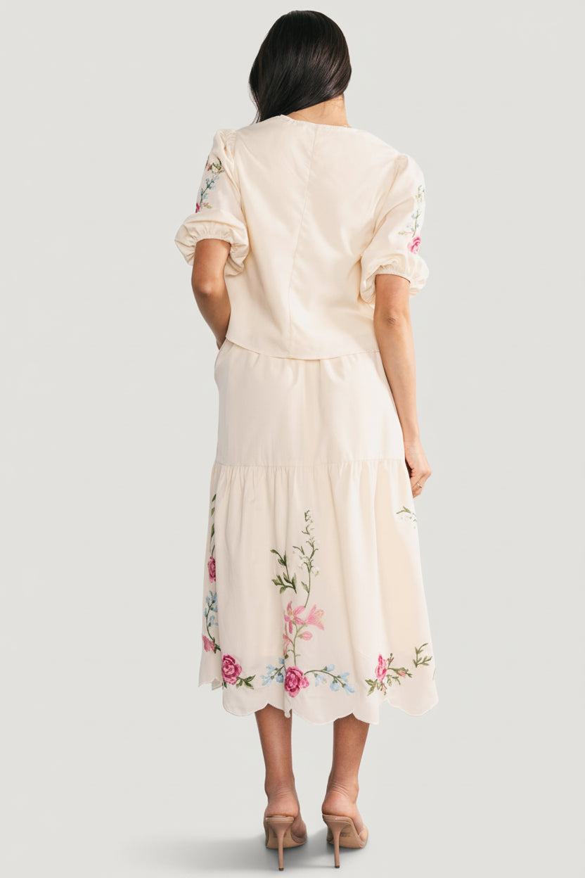 Side view of the set on model illustrating the slightly cropped silhouette, puff sleeve shape, and tiered skirt movement.