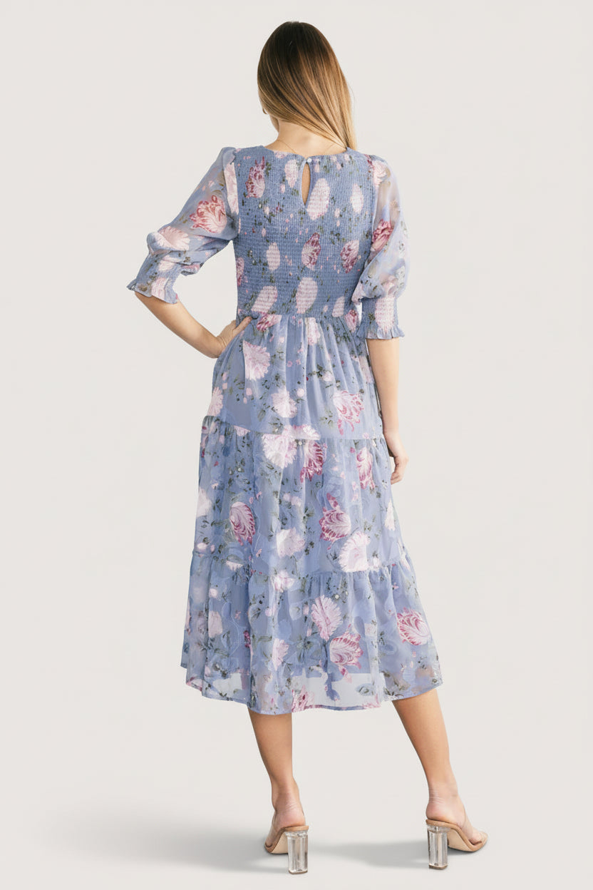 Close-up detail of smocked bodice and puff sleeve cuff, illustrating texture and fitted silhouette of the Nellie midi dress.