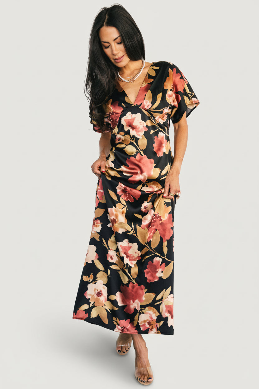 Milana Satin Maxi Dress | Black Floral