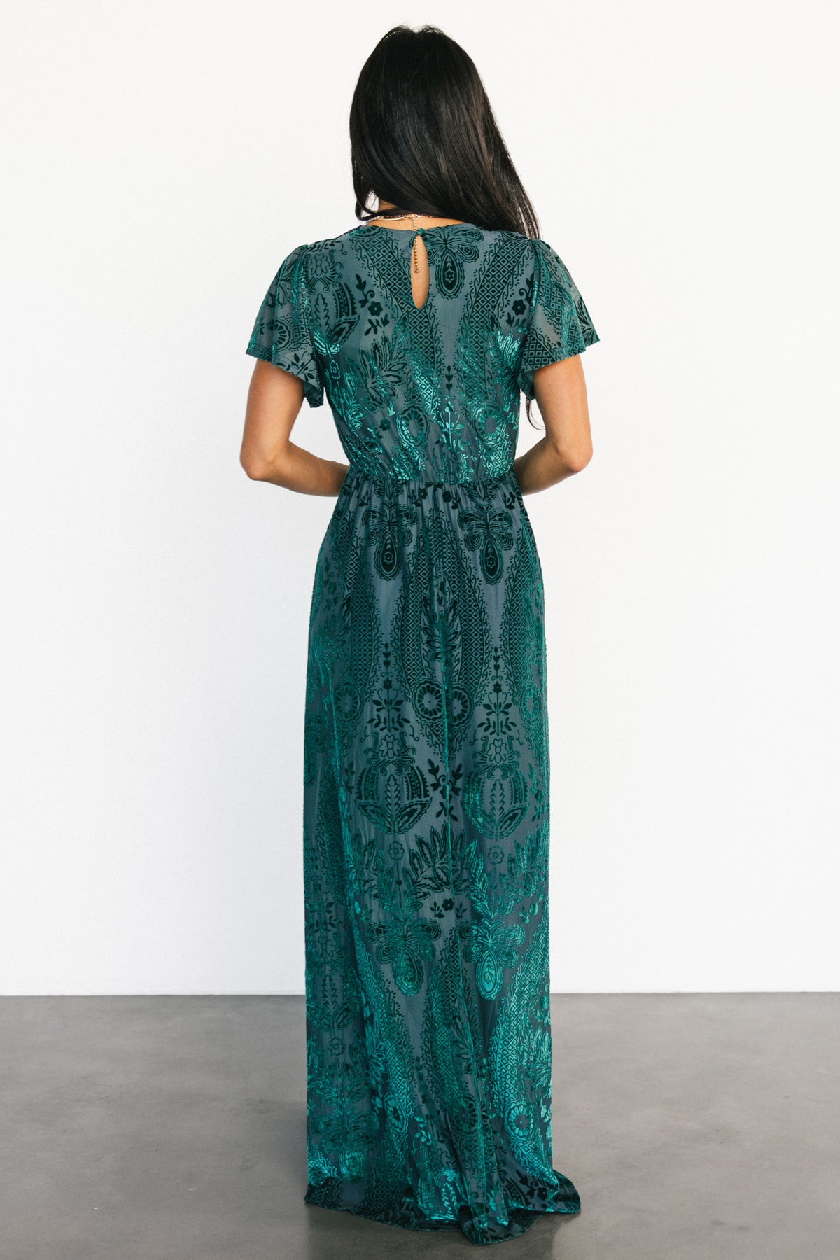 Close-up detail of the velvet burnout mesh floral print on the emerald Kimberly maxi dress, showing texture and semi-sheer contrast.