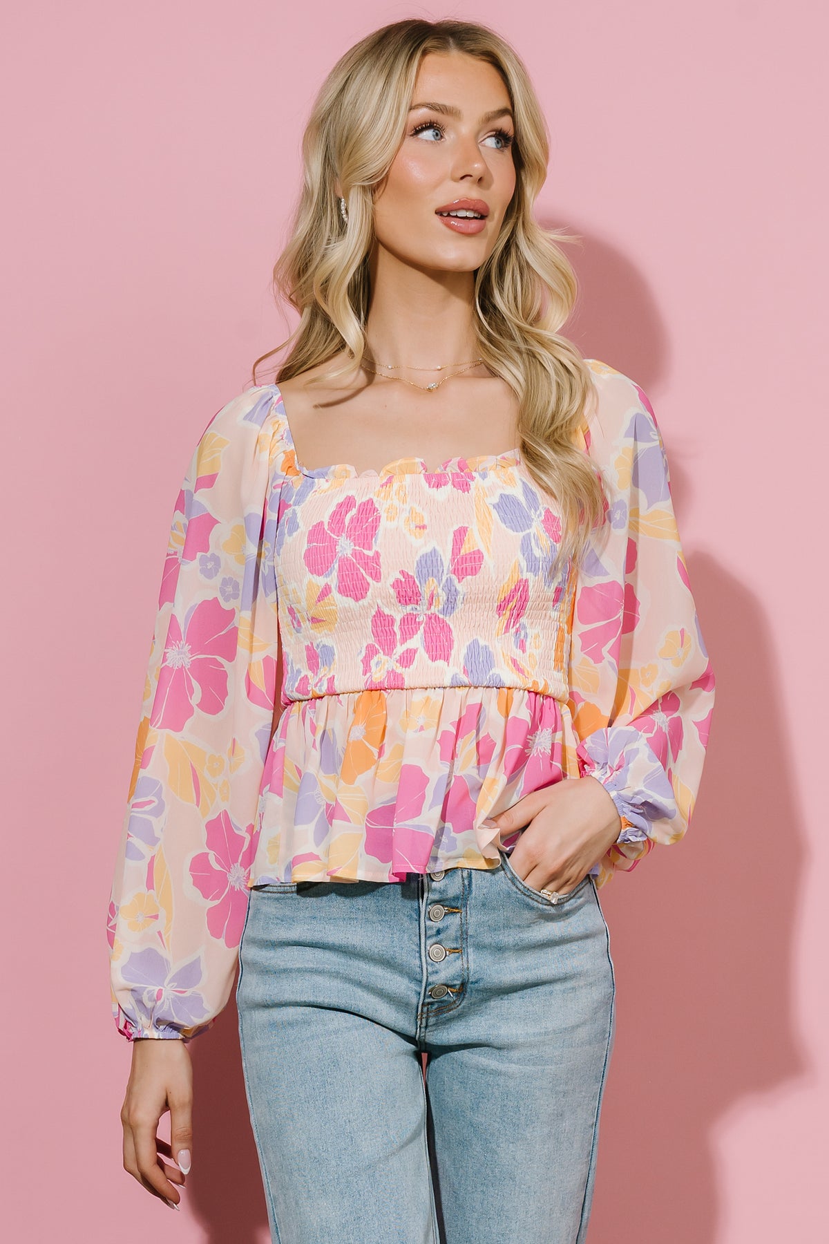 Sally Smocked Top | Pink Multi