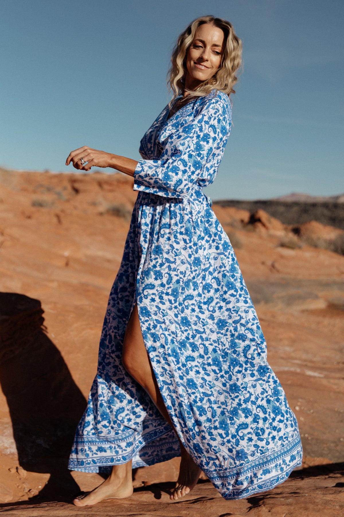 Waist tie and elastic back waist detail on Watson kimono maxi dress, demonstrating adjustable fit and shaping.