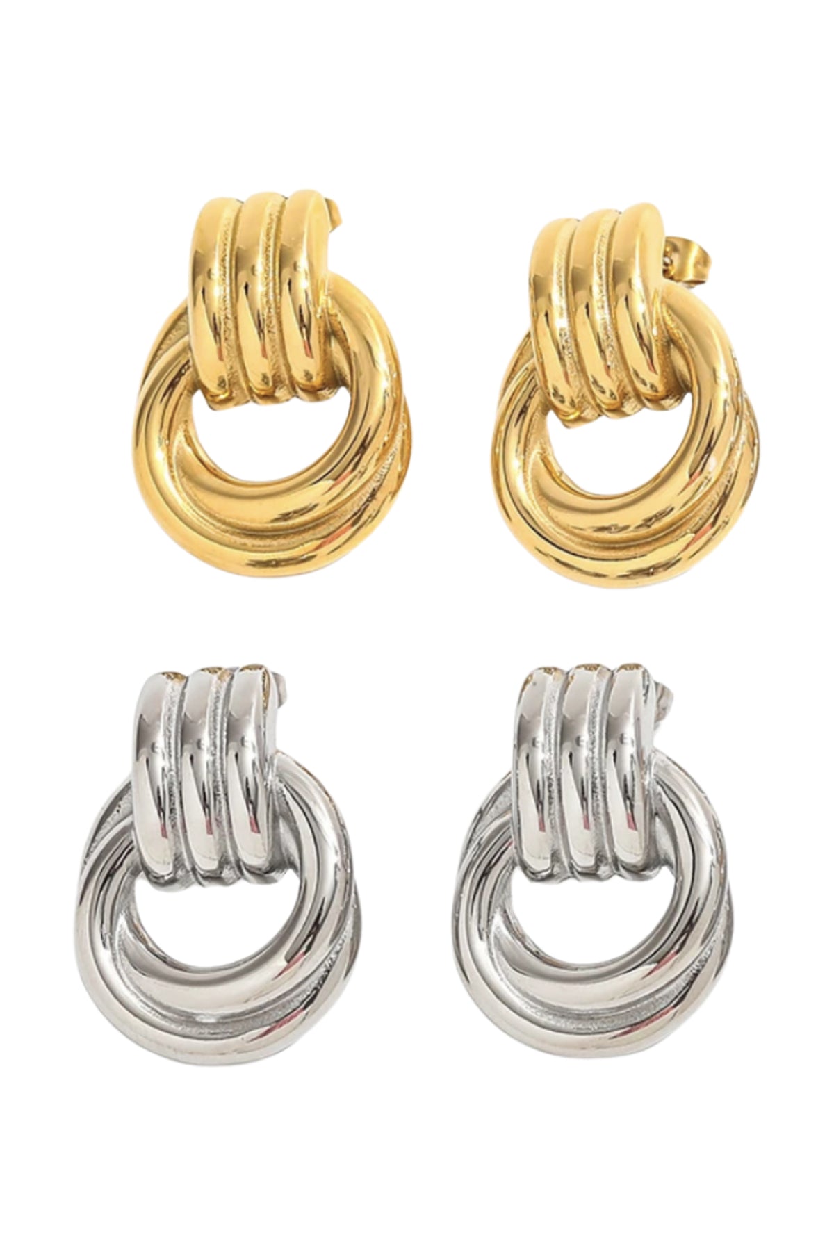 Three-quarter shot of Hailey Earrings in gold showing interlocking hoop profile, reflective polish, and how they sit on the ear lobe.