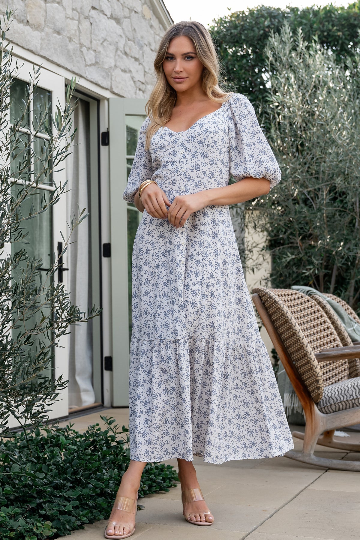 Elisabeth Button Dress | Off White + Blue Floral