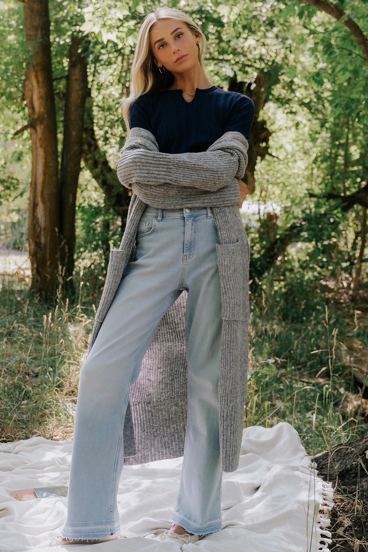 Bria High Rise Wide Leg Jeans in Light Wash with relaxed wide legs, front and back pockets, button closure, and raw hem.