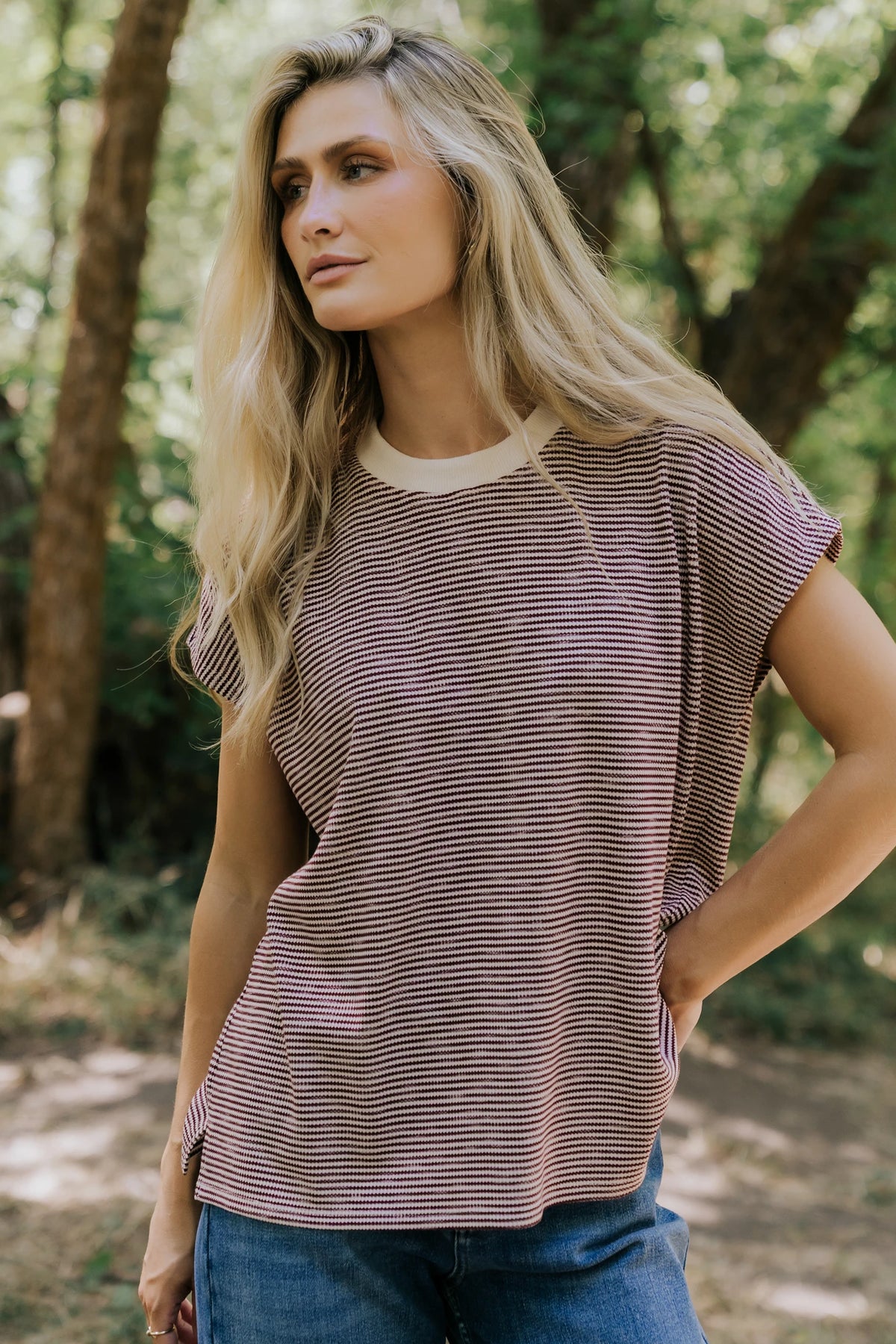 Millie Striped Top in Burgundy + Ivory with round neckline, short sleeves, side slits, and asymmetrical hem.