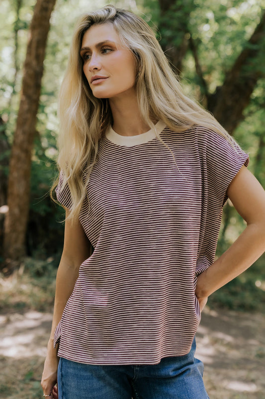 Millie Striped Top in Burgundy + Ivory with round neckline, short sleeves, side slits, and asymmetrical hem.