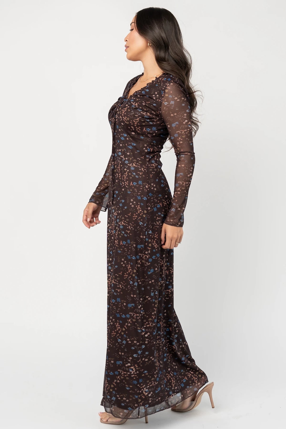 Brown floral mesh maxi dress with blue floral accents, a ruffle-trim V-neckline, adjustable front tie, long sheer sleeves, thigh-high side slit, and a fully lined silhouette.