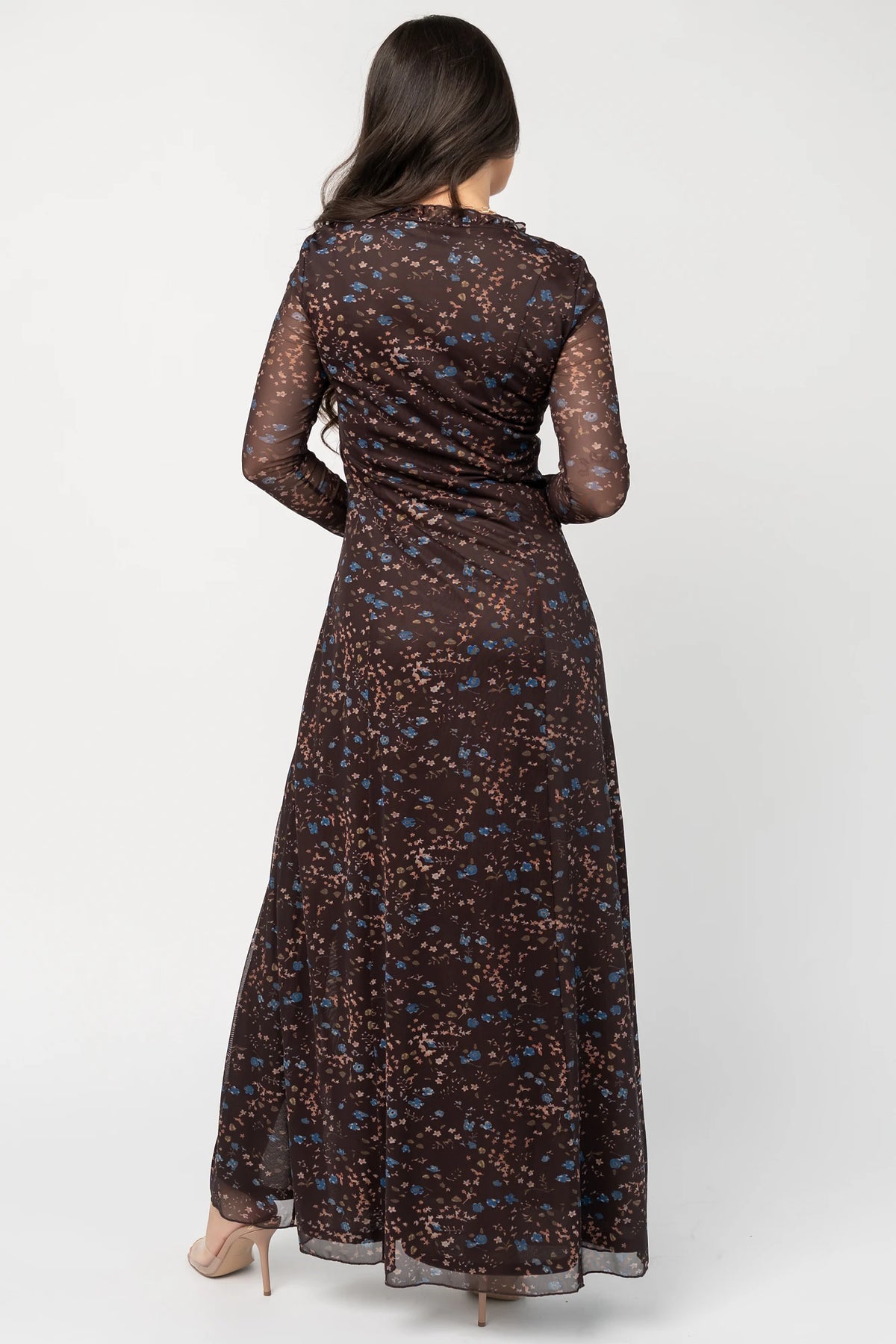 Brown floral mesh maxi dress with blue floral accents, a ruffle-trim V-neckline, adjustable front tie, long sheer sleeves, thigh-high side slit, and a fully lined silhouette.