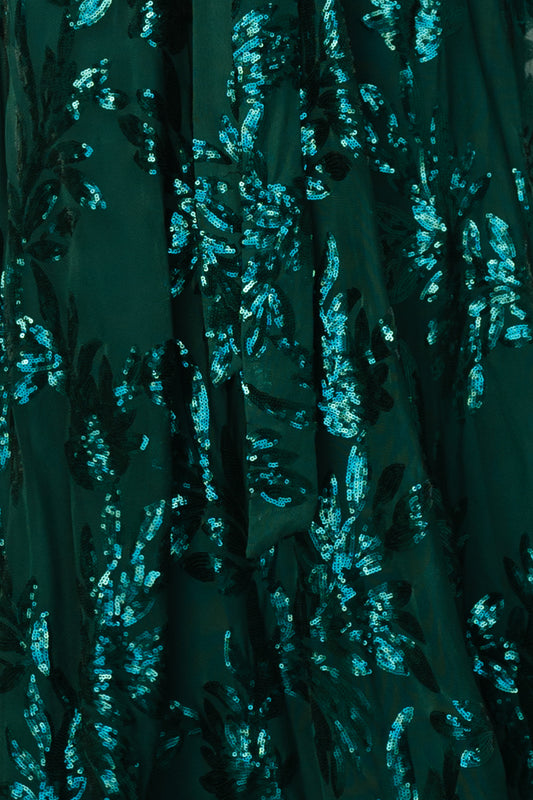 Emerald Muse Sequin fabric swatch close-up showing dense green sequins and reflective texture with leaf-like sequin pattern, 3x4 inch sample.