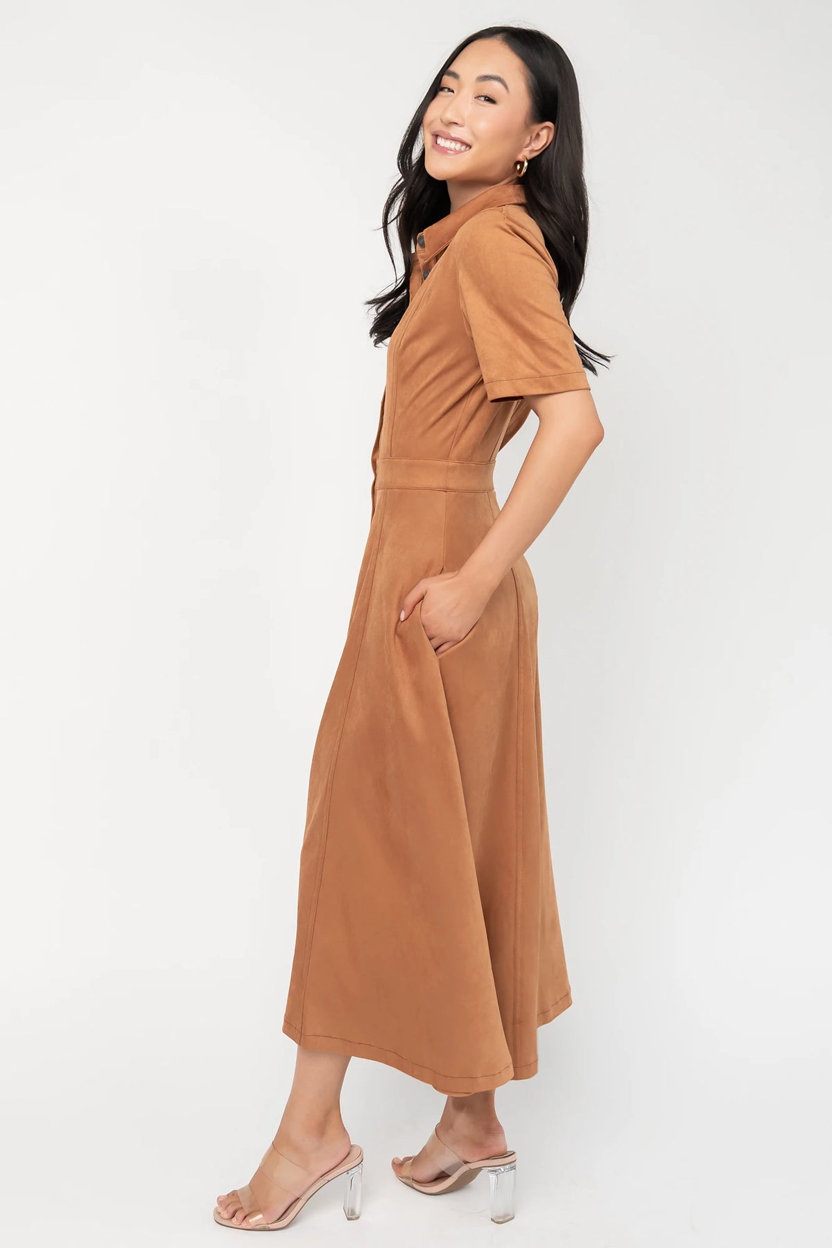 Fifth Avenue Button Up Dress in Camel with faux suede finish, collared neckline, button front, and A-line midi skirt.