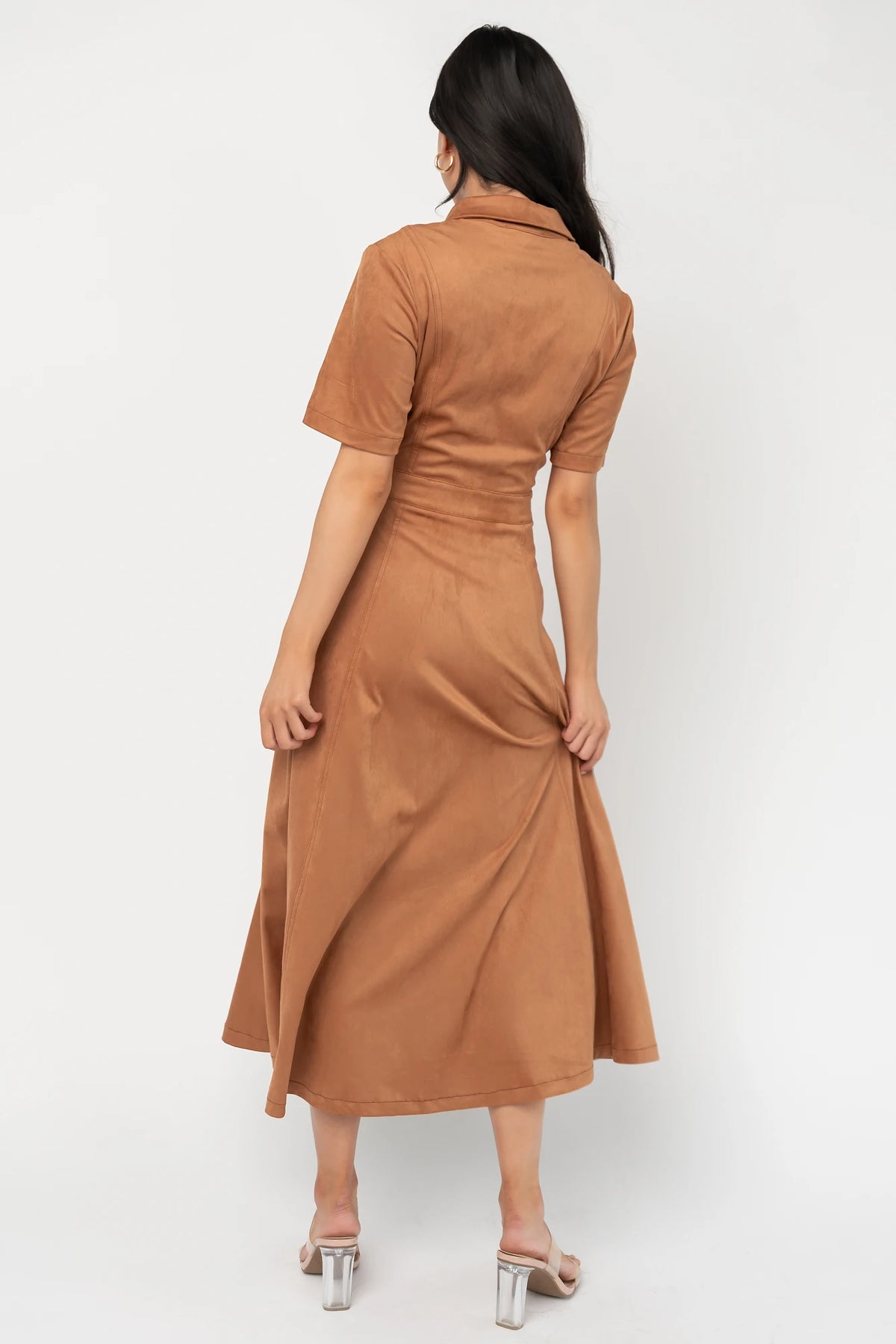 Fifth Avenue Button Up Dress in Camel with faux suede finish, collared neckline, button front, and A-line midi skirt.