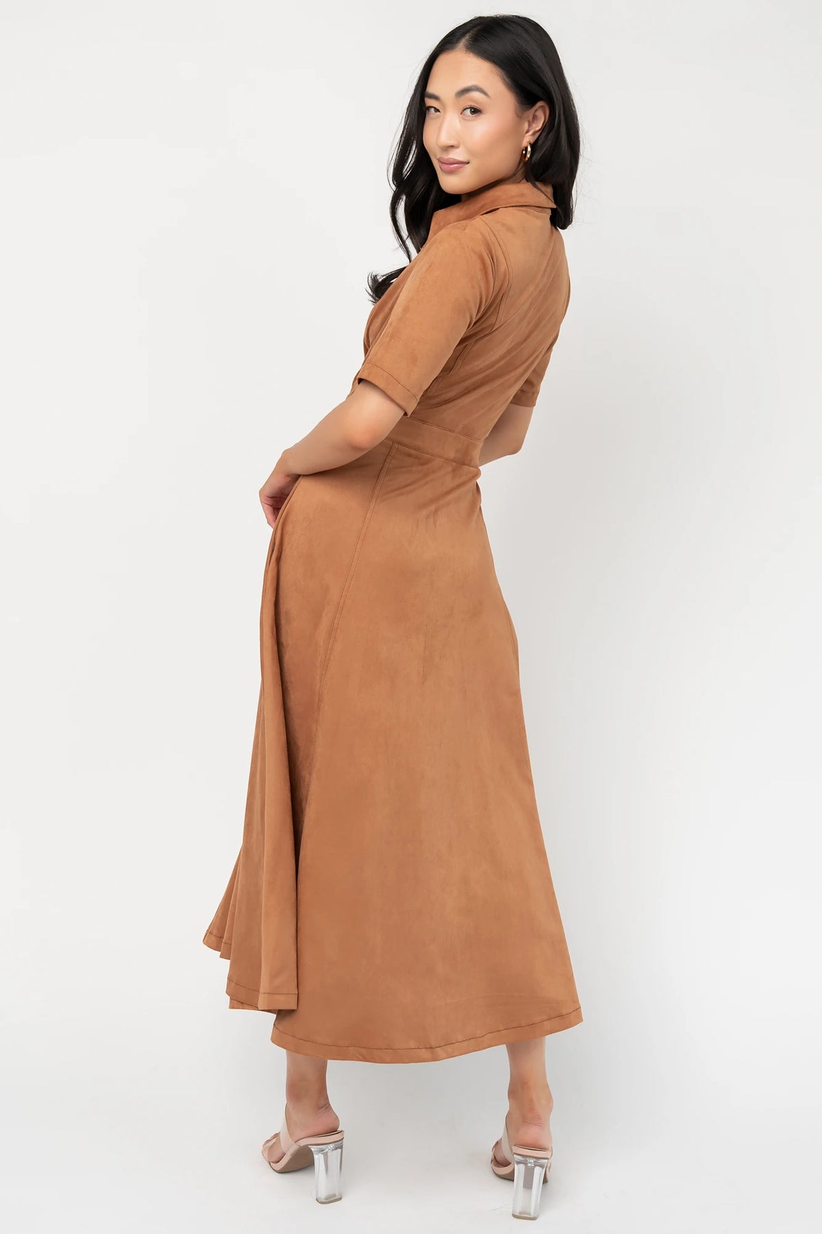 Fifth Avenue Button Up Dress in Camel with faux suede finish, collared neckline, button front, and A-line midi skirt.