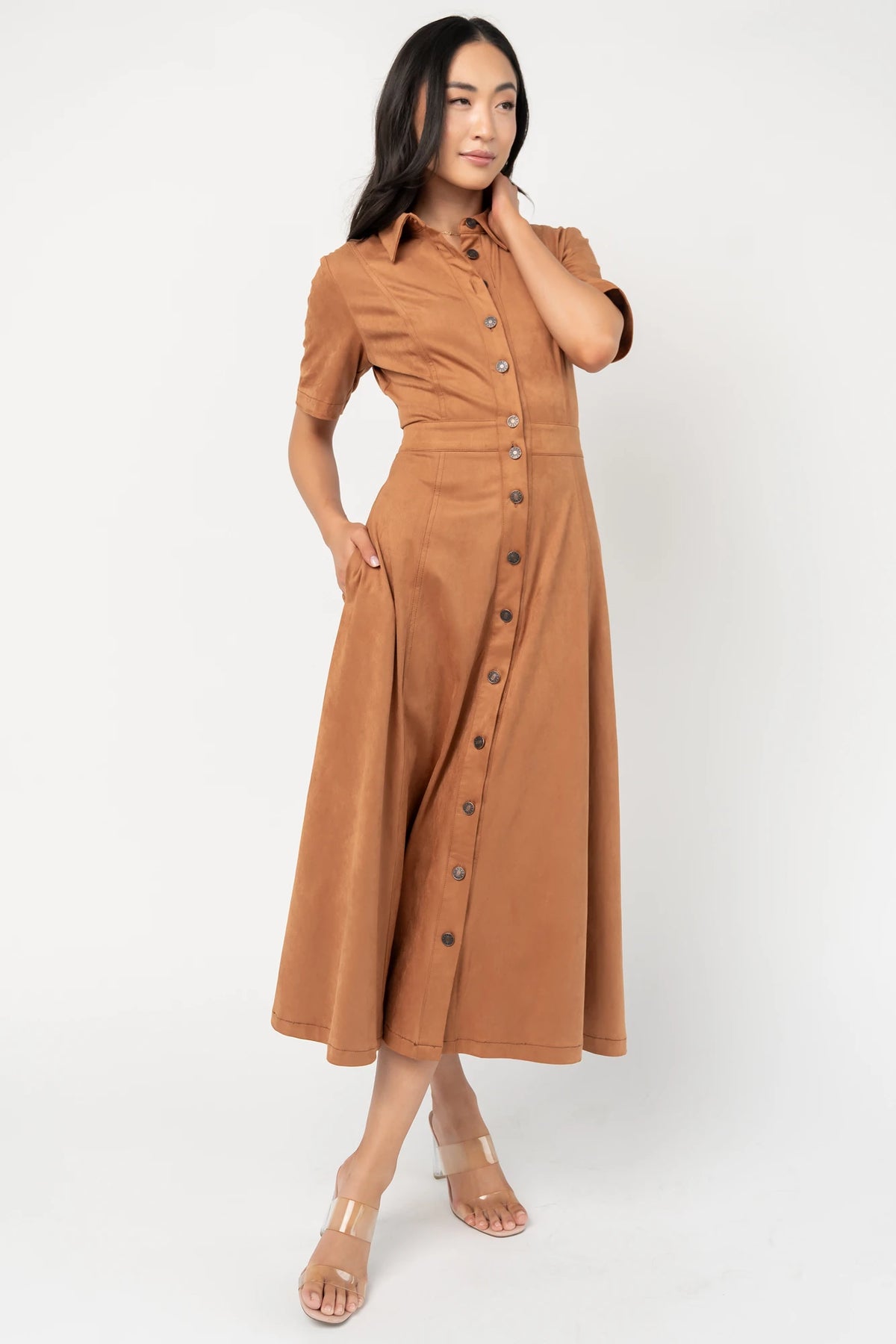 Fifth Avenue Button Up Dress in Camel with faux suede finish, collared neckline, button front, and A-line midi skirt.