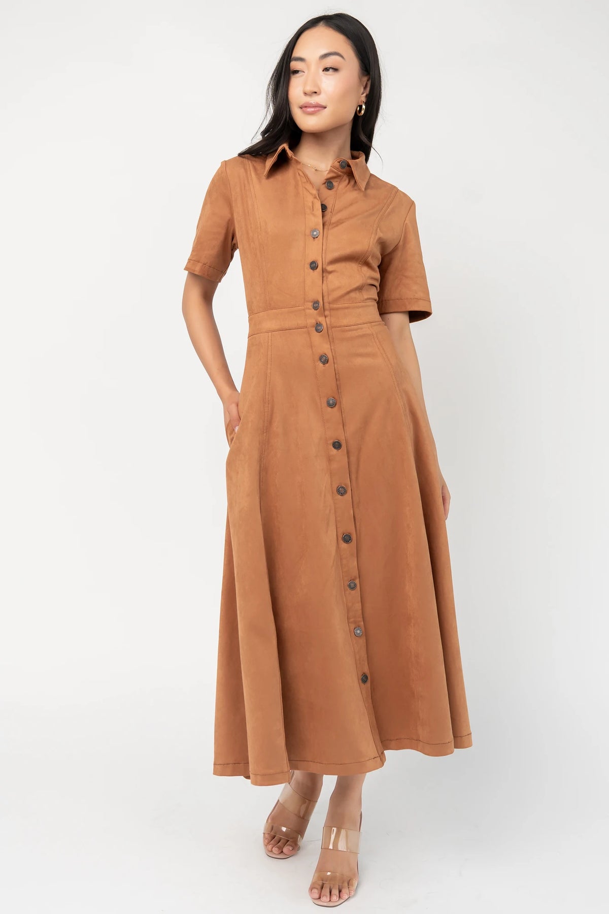 Fifth Avenue Button Up Dress in Camel with faux suede finish, collared neckline, button front, and A-line midi skirt.