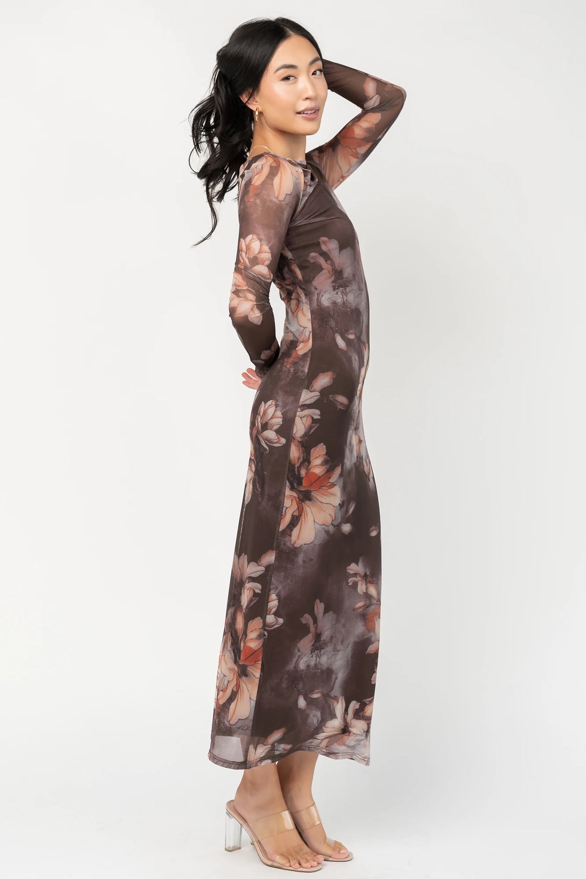 Darya Mesh Midi Dress | Brown Floral