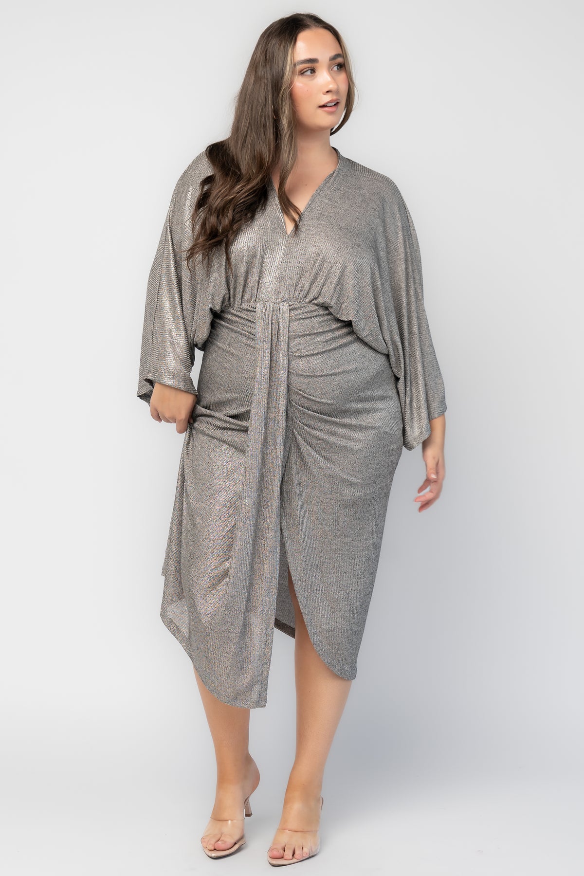 Ciara Ruched Midi Dress | Silver Metallic