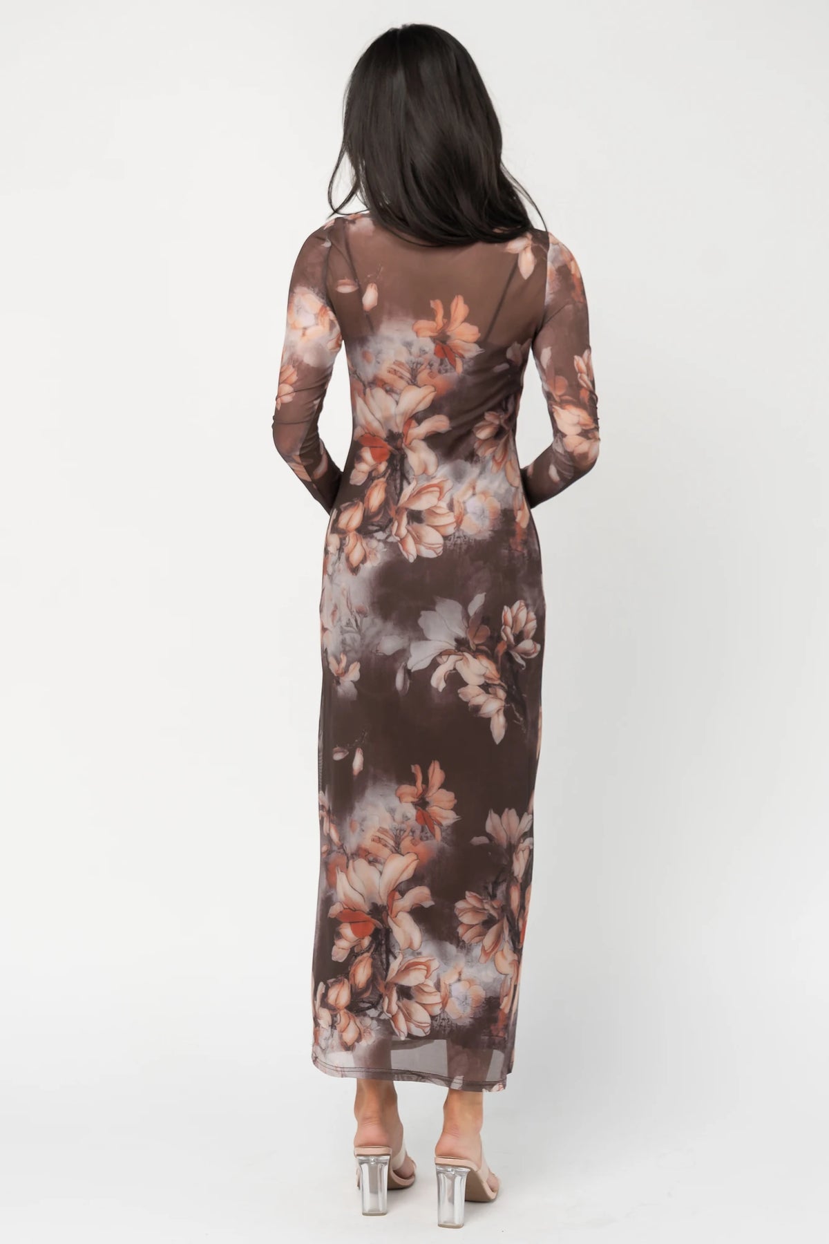 Darya Mesh Midi Dress | Brown Floral