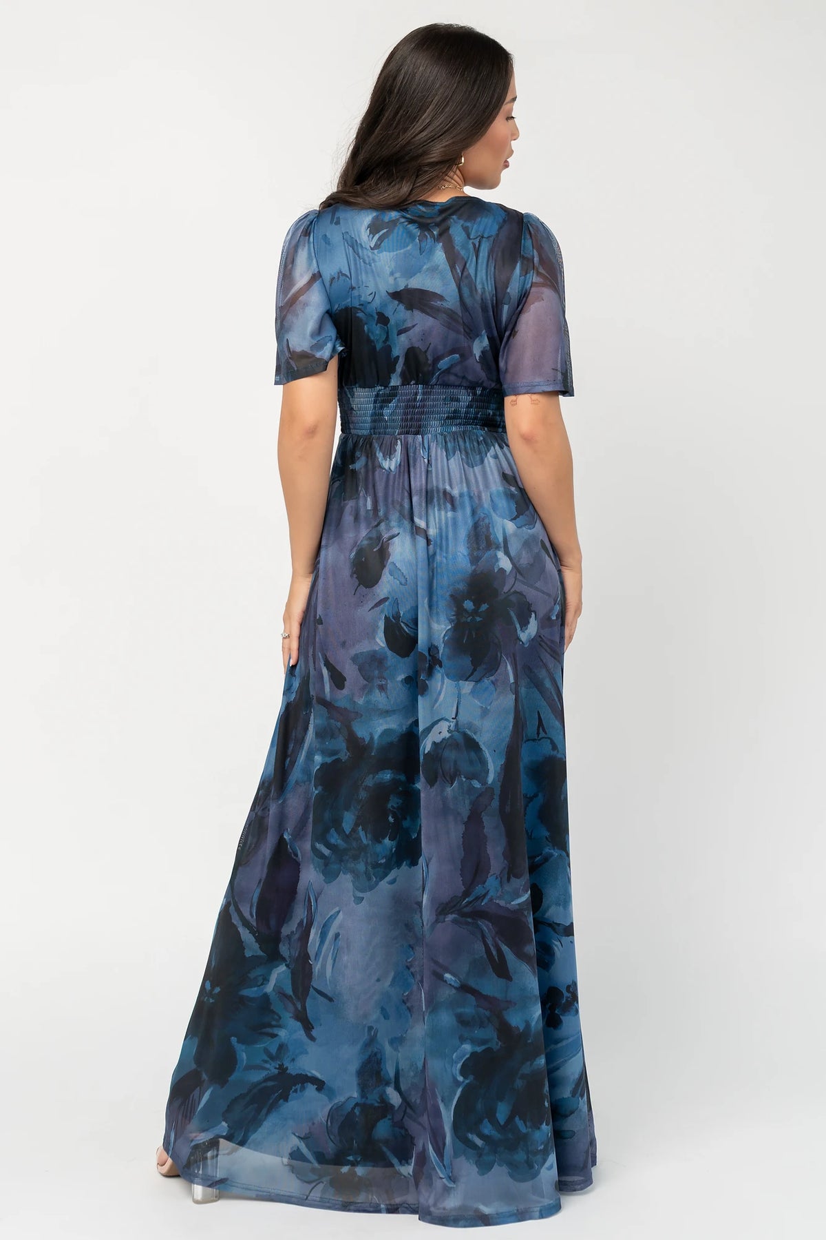 Arianne Mesh Maxi Dress in Midnight Floral with deep V-neck, flutter sleeves, empire waist, floral print, and leg slit.
