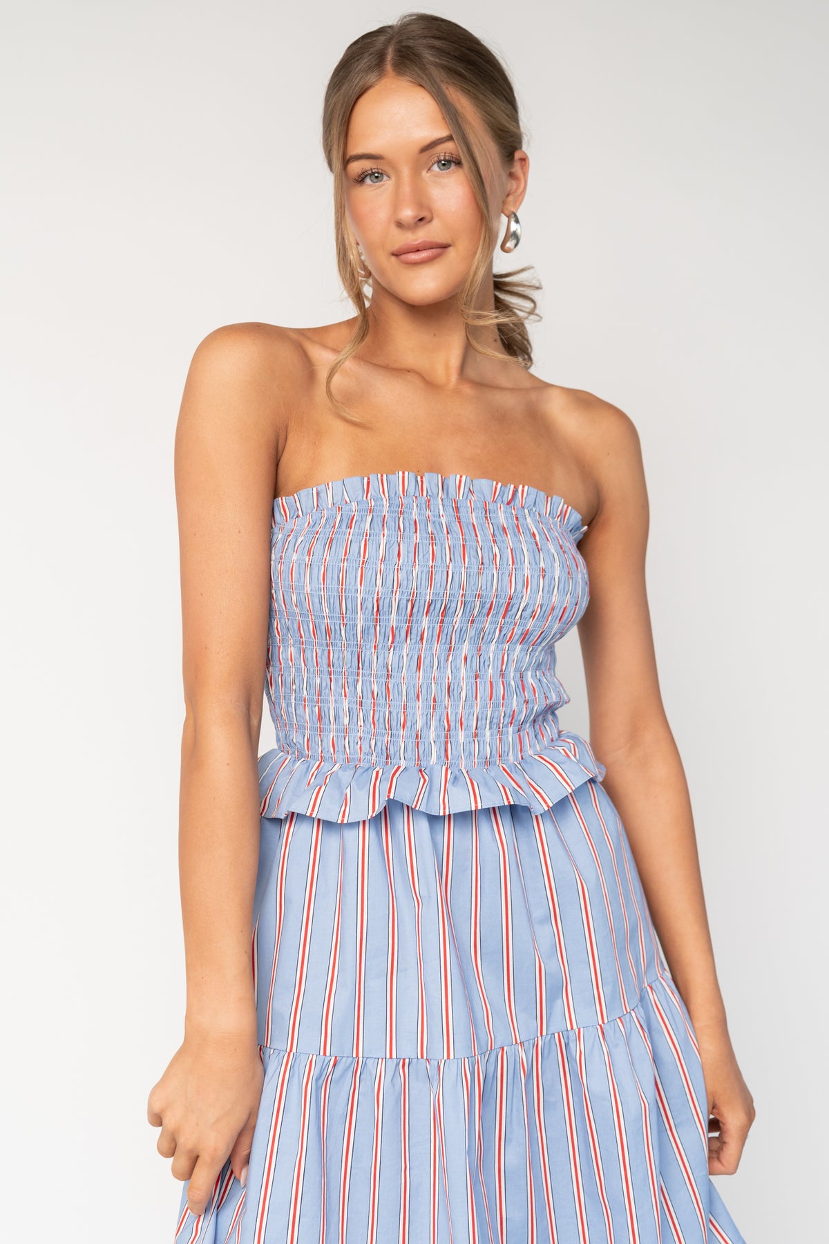 Madelyn Strapless Short Dress | Light Blue Stripe