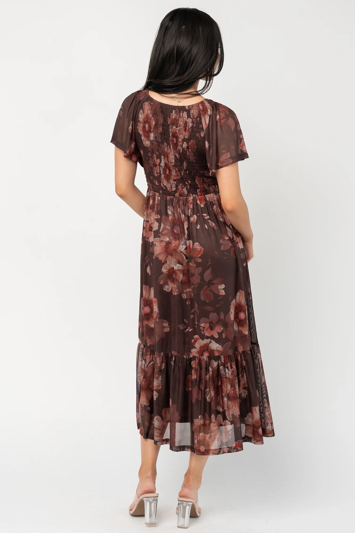 Livia Mesh Midi Dress in Brown + Rust Floral with V-neckline, smocked bodice, flutter sleeves, and tiered hem.