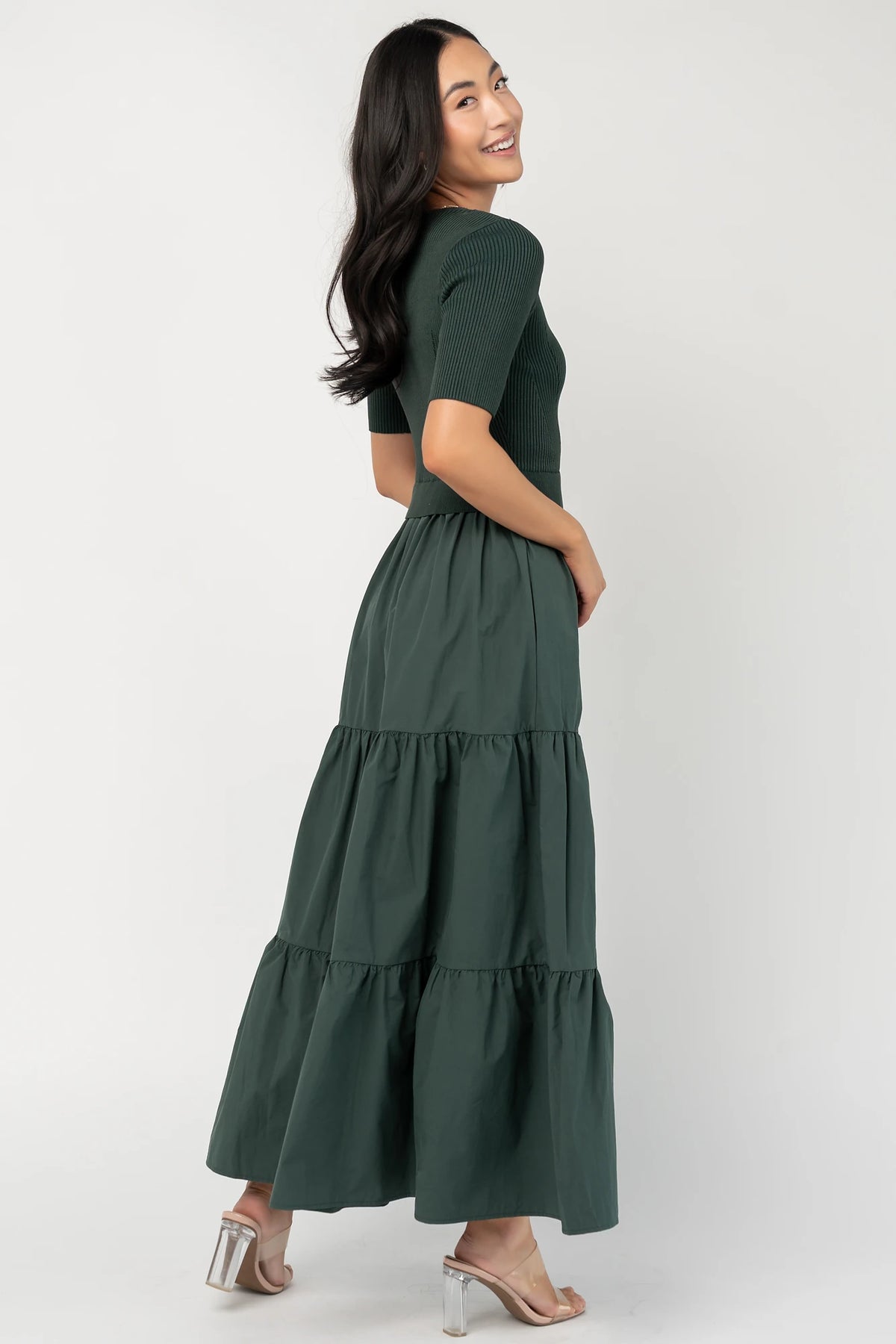 Astra Tiered Dress in Winter Green with ribbed knit bodice, scoop neckline, short sleeves, and tiered cotton skirt.