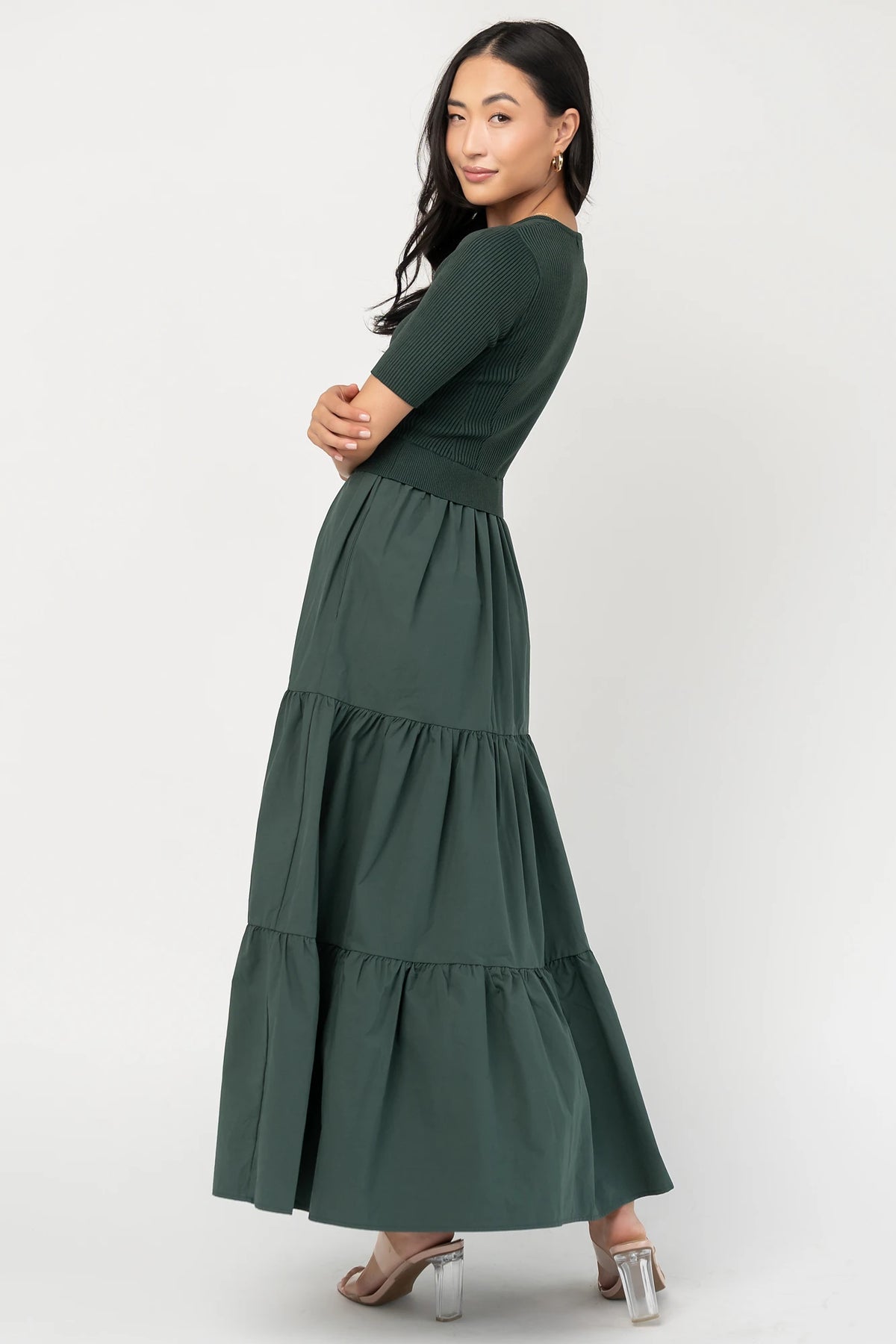 Astra Tiered Dress in Winter Green with ribbed knit bodice, scoop neckline, short sleeves, and tiered cotton skirt.