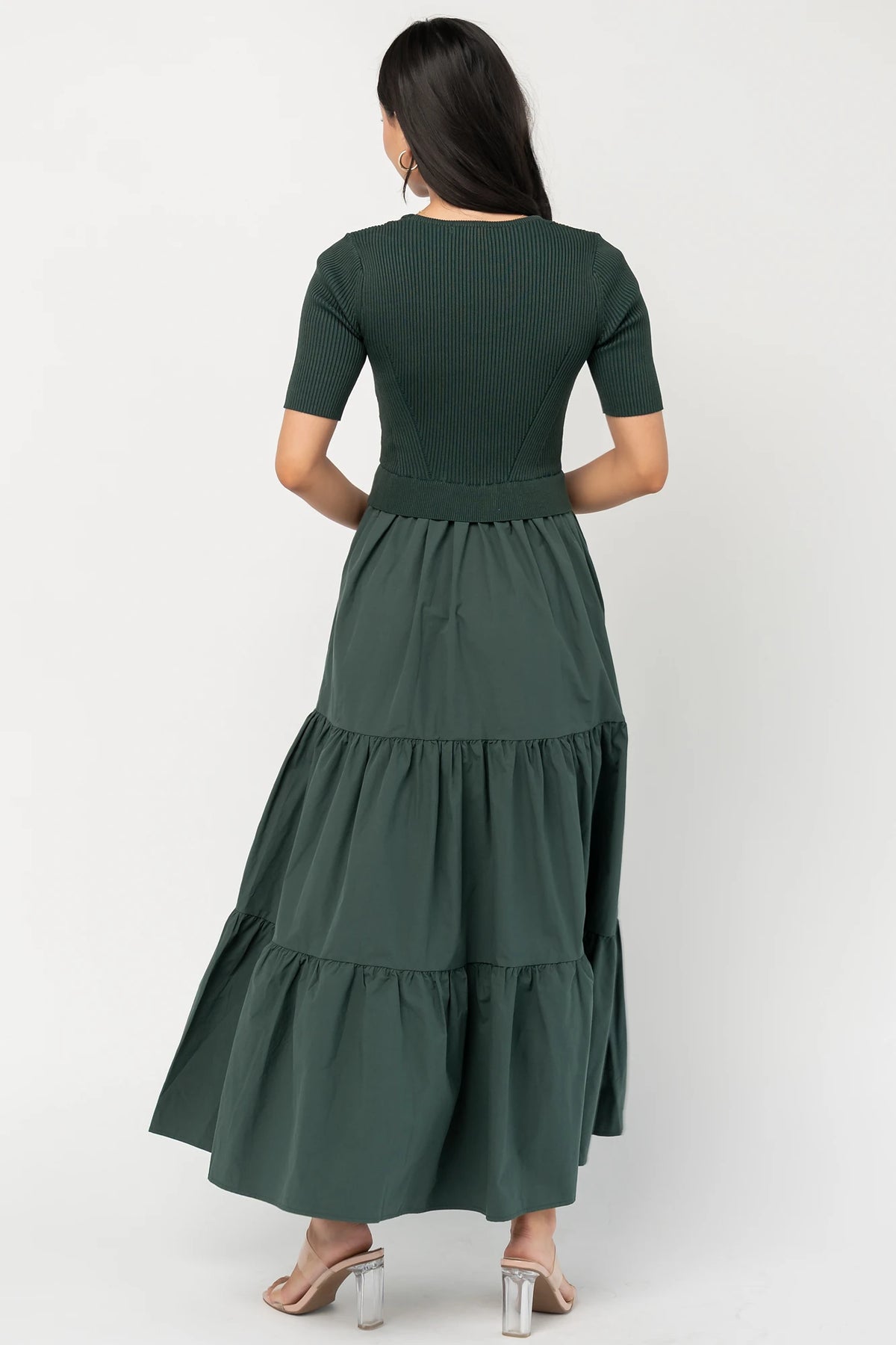 Astra Tiered Dress in Winter Green with ribbed knit bodice, scoop neckline, short sleeves, and tiered cotton skirt.