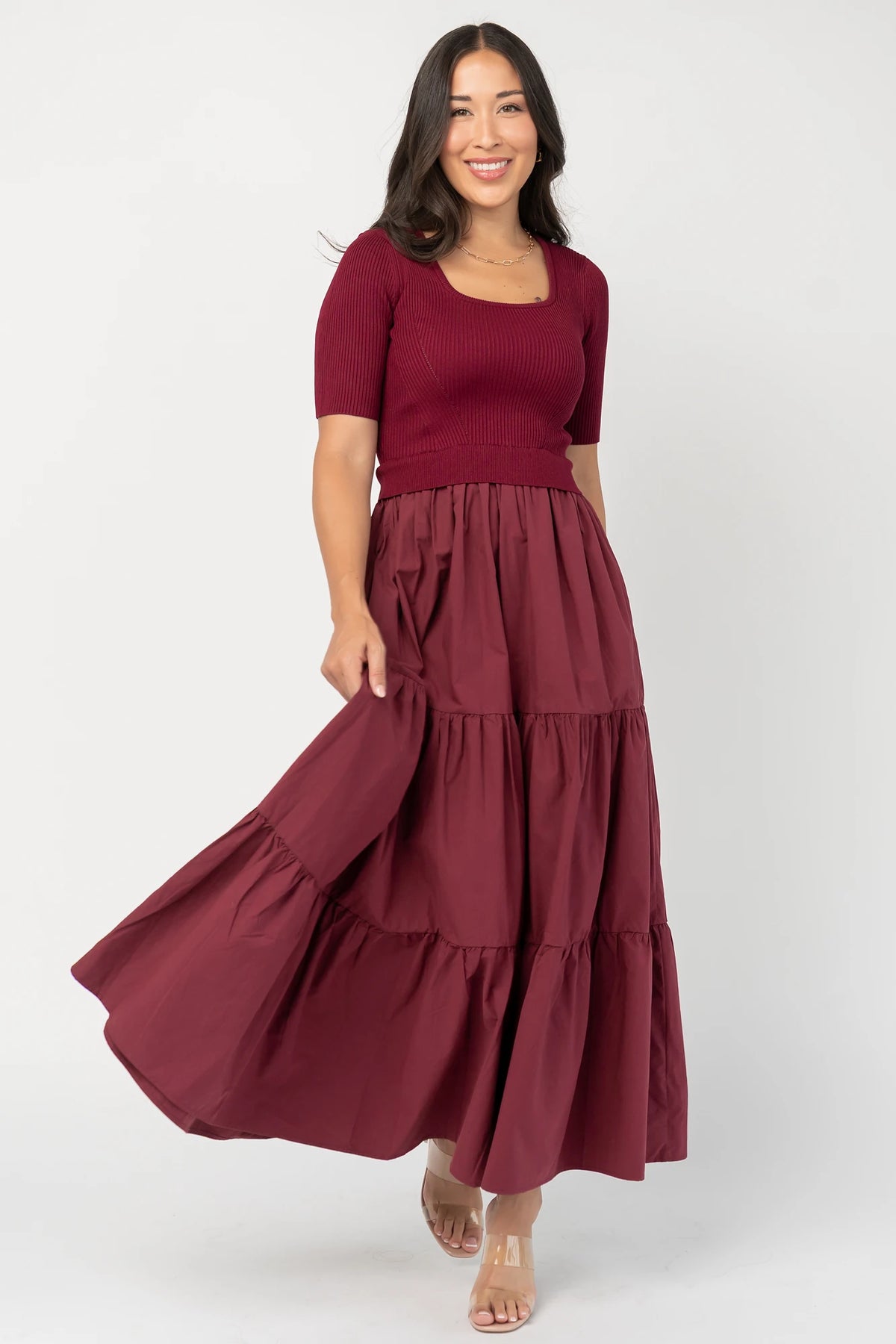 Astra Tiered Dress in Berry with ribbed knit bodice, scoop neckline, short sleeves, and tiered cotton skirt.