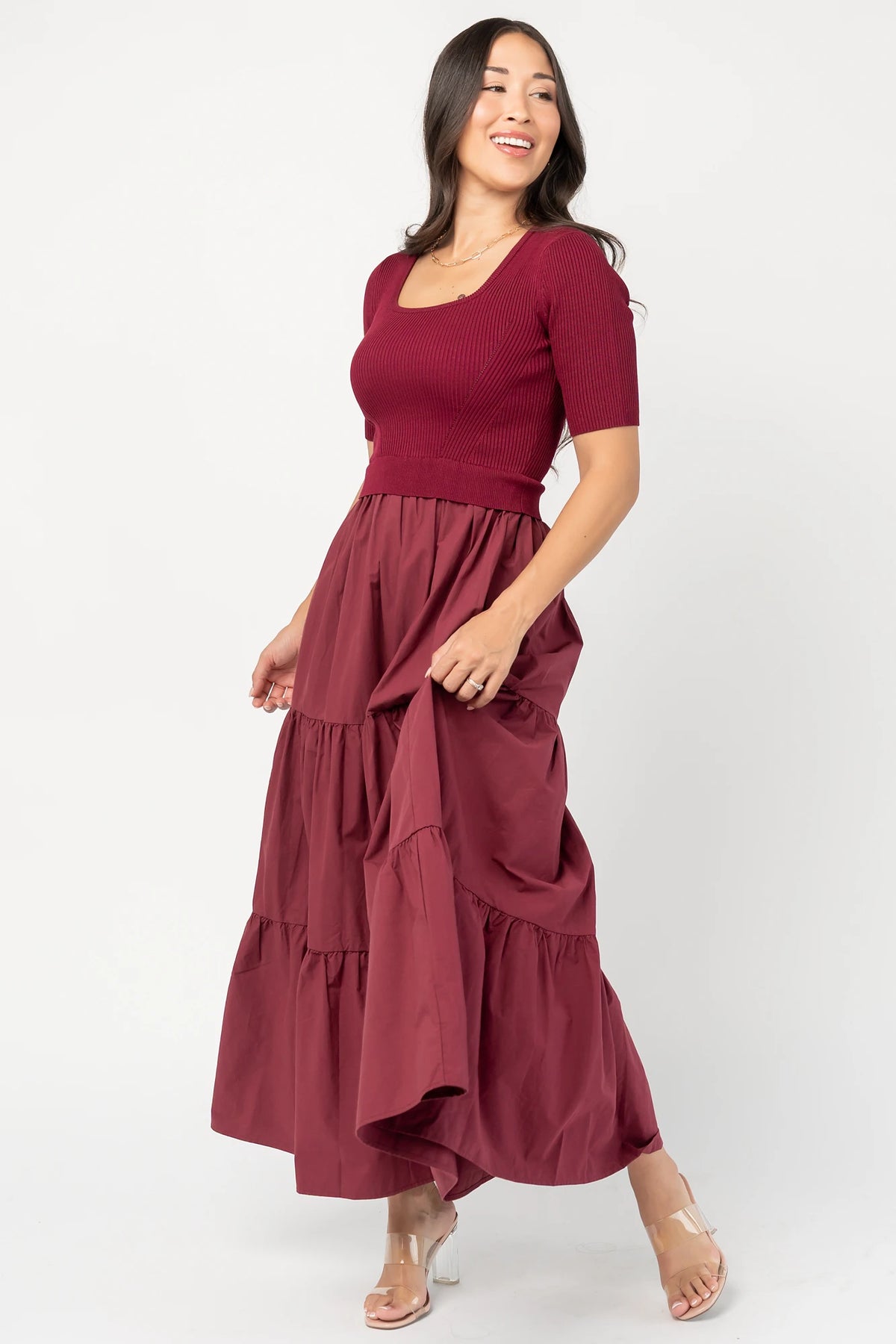 Astra Tiered Dress in Berry with ribbed knit bodice, scoop neckline, short sleeves, and tiered cotton skirt.