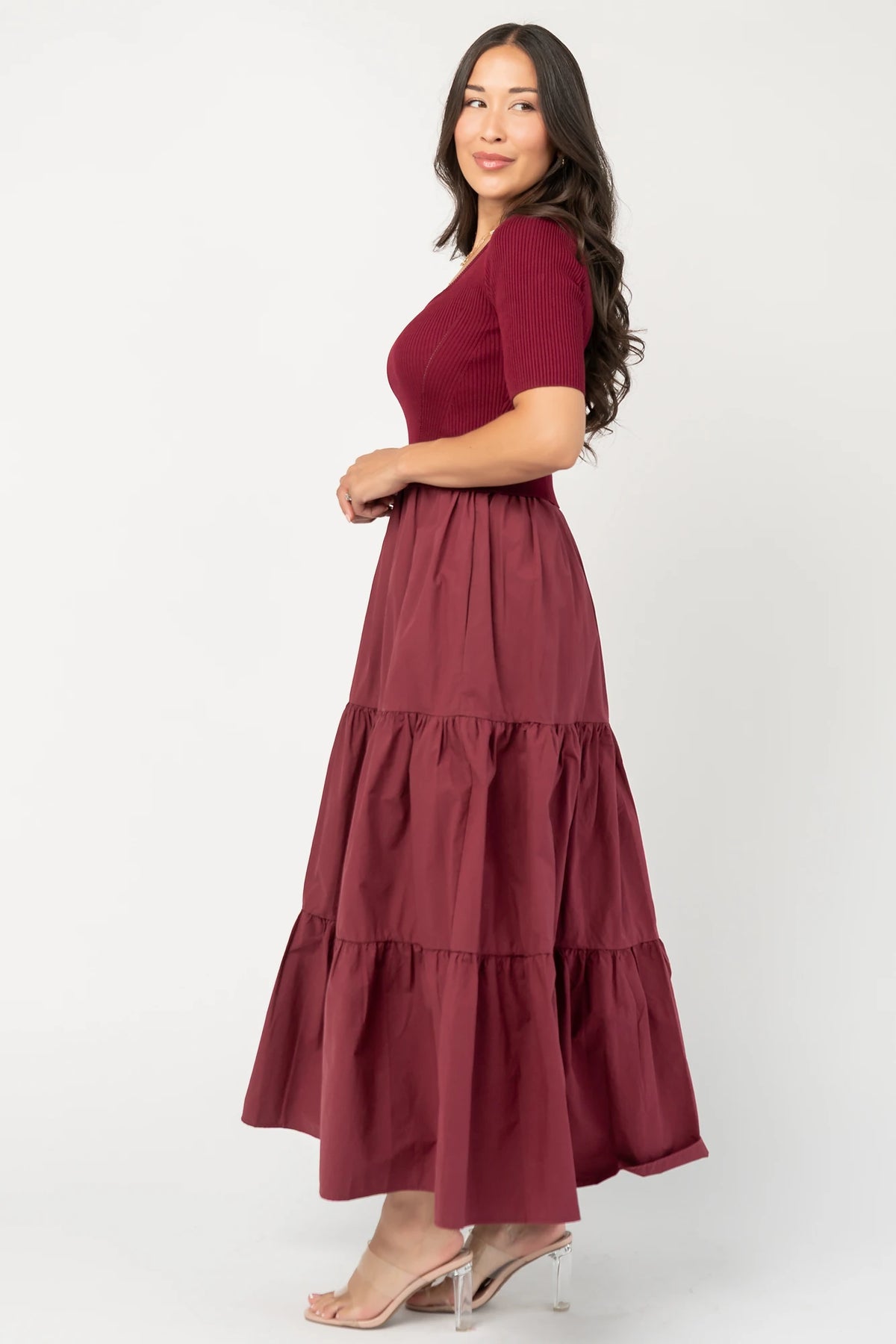 Astra Tiered Dress in Berry with ribbed knit bodice, scoop neckline, short sleeves, and tiered cotton skirt.