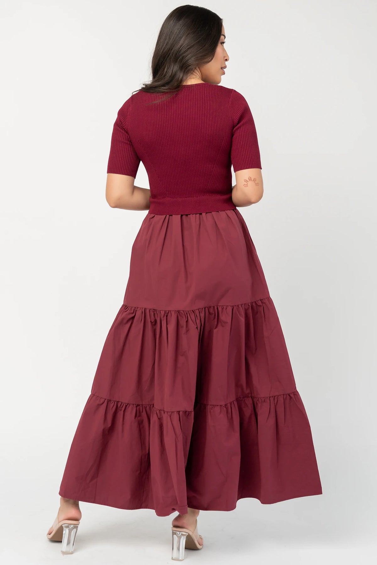Astra Tiered Dress in Berry with ribbed knit bodice, scoop neckline, short sleeves, and tiered cotton skirt.