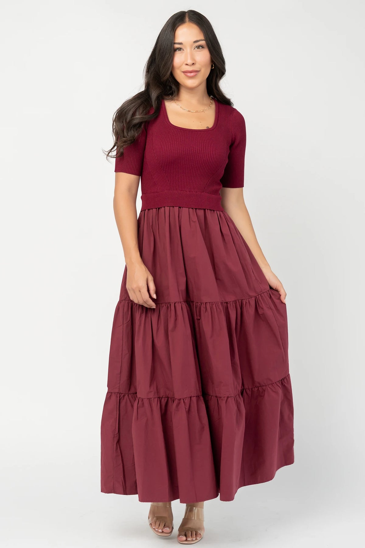 Astra Tiered Dress in Berry with ribbed knit bodice, scoop neckline, short sleeves, and tiered cotton skirt.