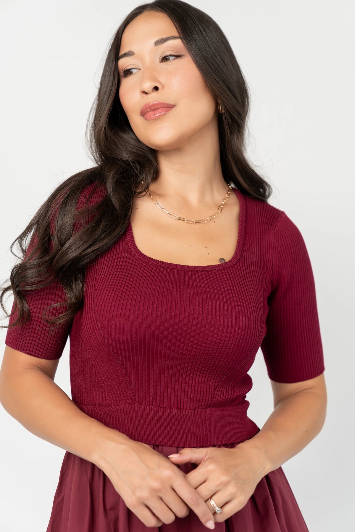 Astra Tiered Dress in Berry with ribbed knit bodice, scoop neckline, short sleeves, and tiered cotton skirt.