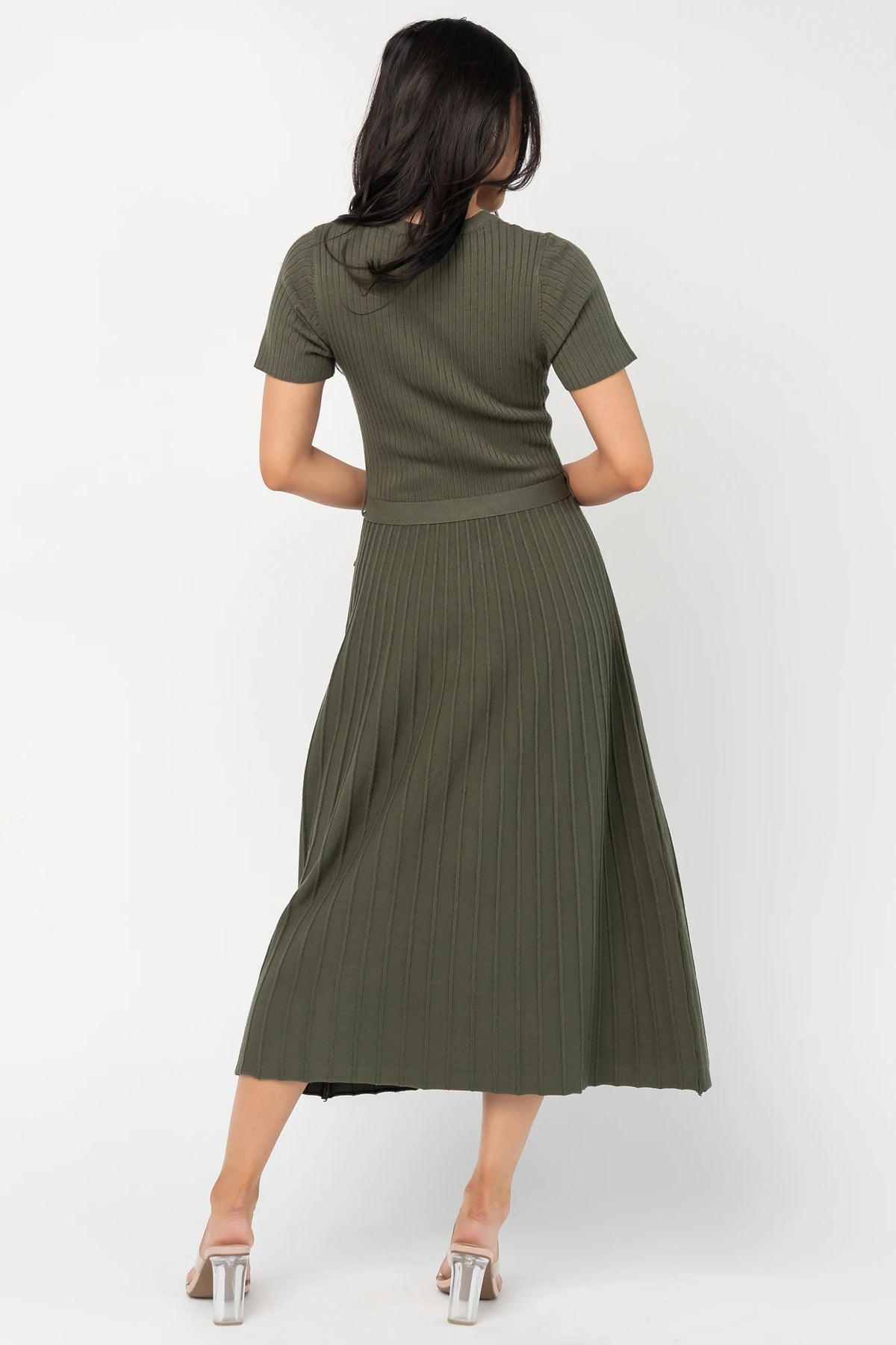 Jessamine Midi Dress with ribbed sweater knit, crew neckline, short sleeves, self-tie waist belt, and pleated skirt.