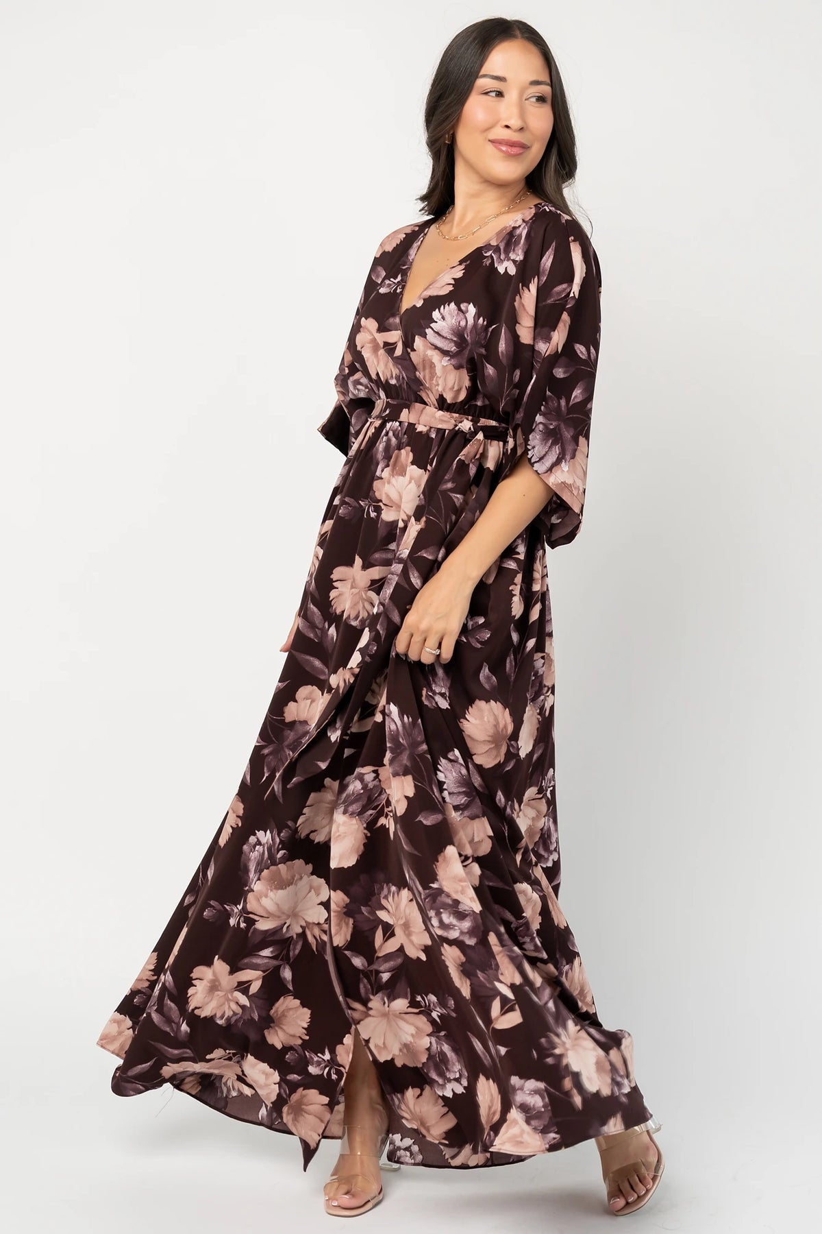 Hamilton Kimono Maxi Dress in Deep Plum Floral with surplice neckline, kimono sleeves, sash waist, and leg slit.
