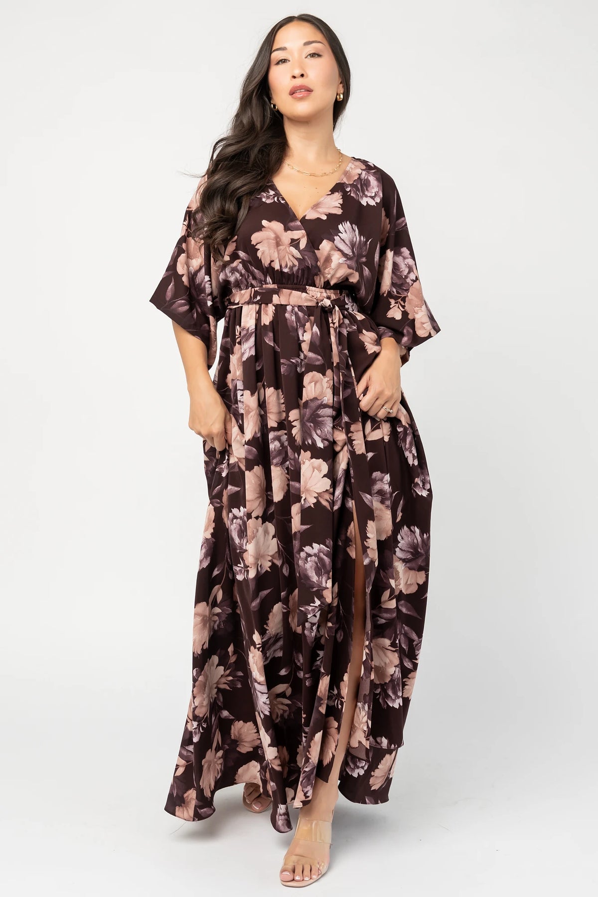 Hamilton Kimono Maxi Dress in Deep Plum Floral with surplice neckline, kimono sleeves, sash waist, and leg slit.