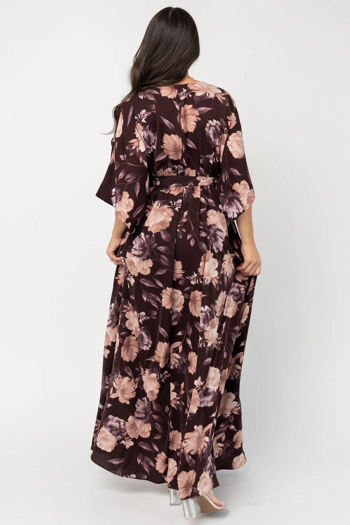 Hamilton Kimono Maxi Dress in Deep Plum Floral with surplice neckline, kimono sleeves, sash waist, and leg slit.