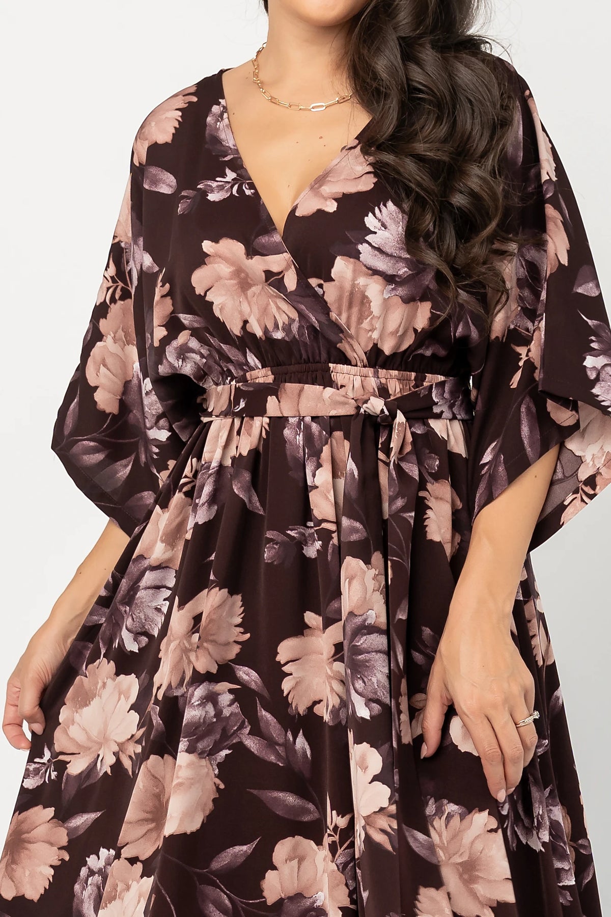 Hamilton Kimono Maxi Dress in Deep Plum Floral with surplice neckline, kimono sleeves, sash waist, and leg slit.
