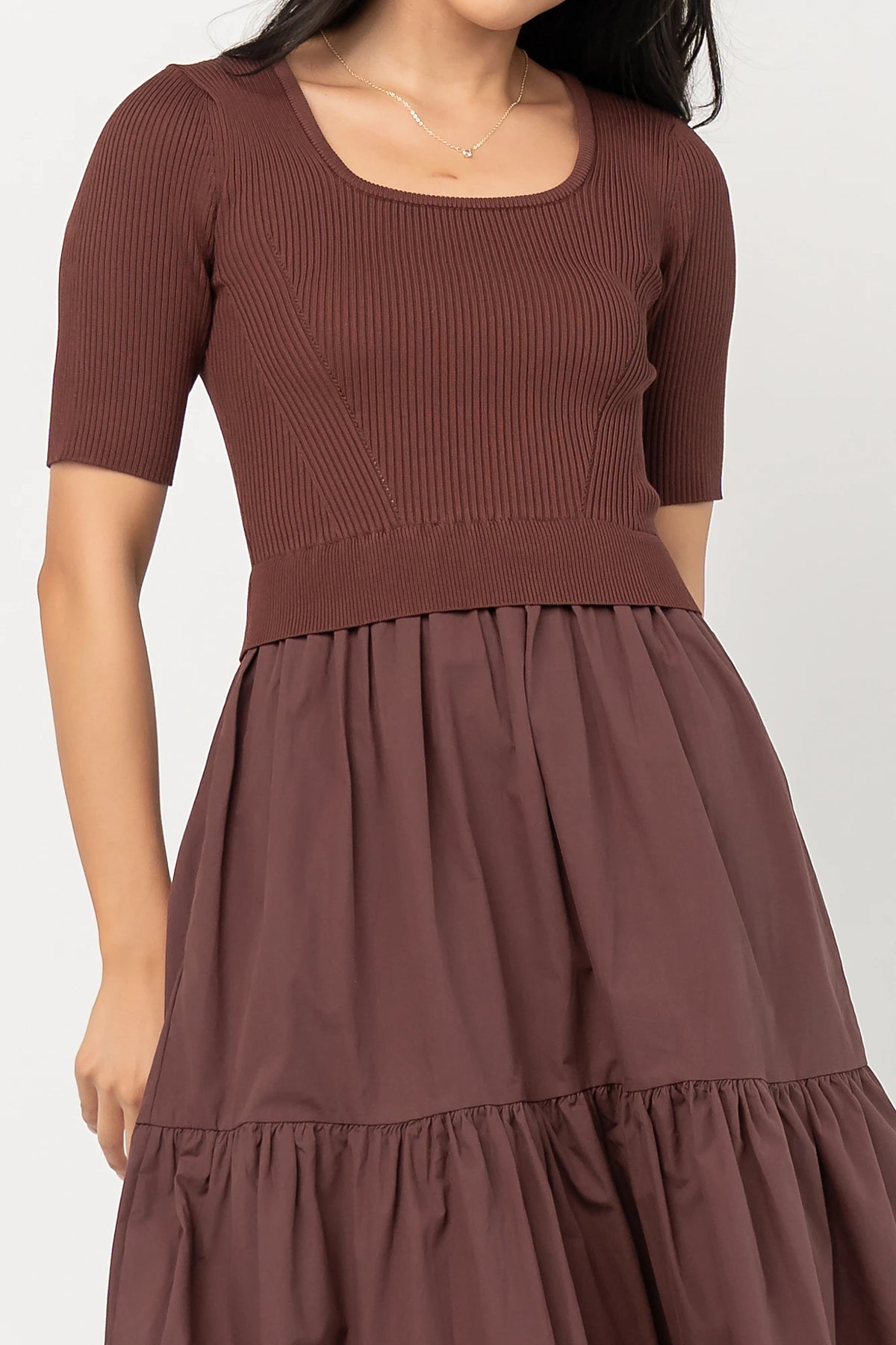 Astra Tiered Dress in Espresso with ribbed knit bodice, scoop neckline, short sleeves, and tiered cotton skirt.