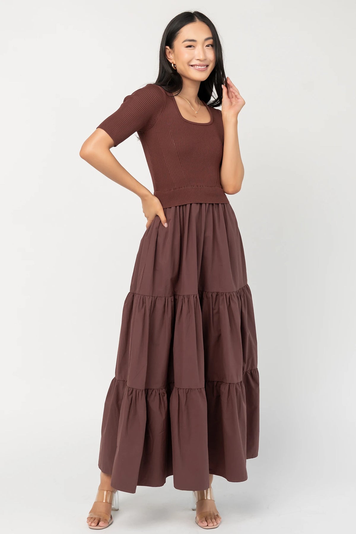 Astra Tiered Dress in Espresso with ribbed knit bodice, scoop neckline, short sleeves, and tiered cotton skirt.
