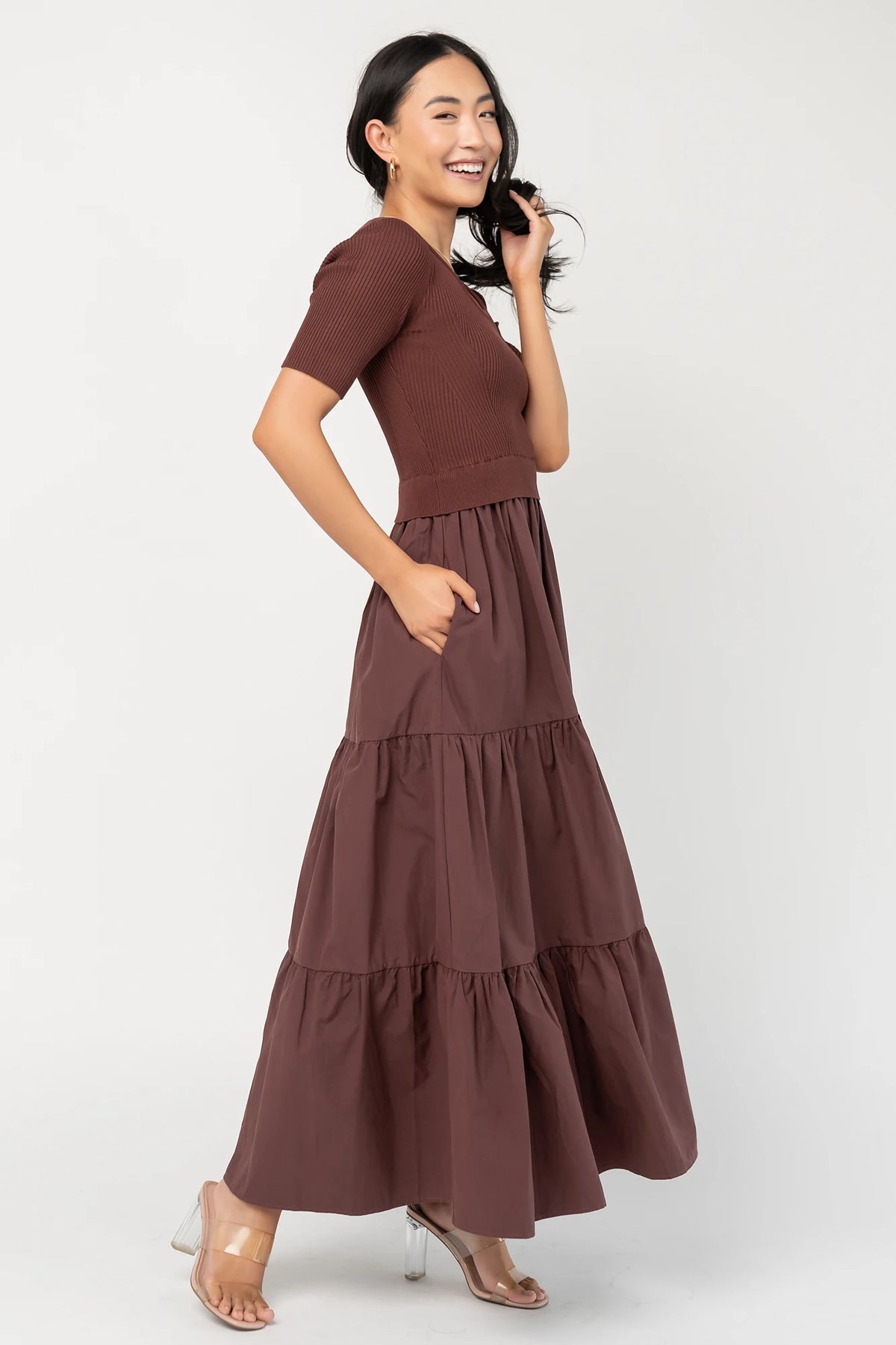 Astra Tiered Dress in Espresso with ribbed knit bodice, scoop neckline, short sleeves, and tiered cotton skirt.