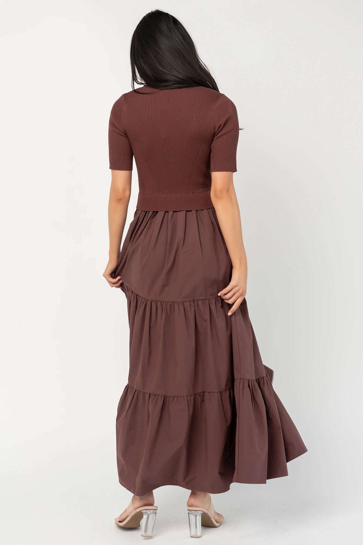 Astra Tiered Dress in Espresso with ribbed knit bodice, scoop neckline, short sleeves, and tiered cotton skirt.