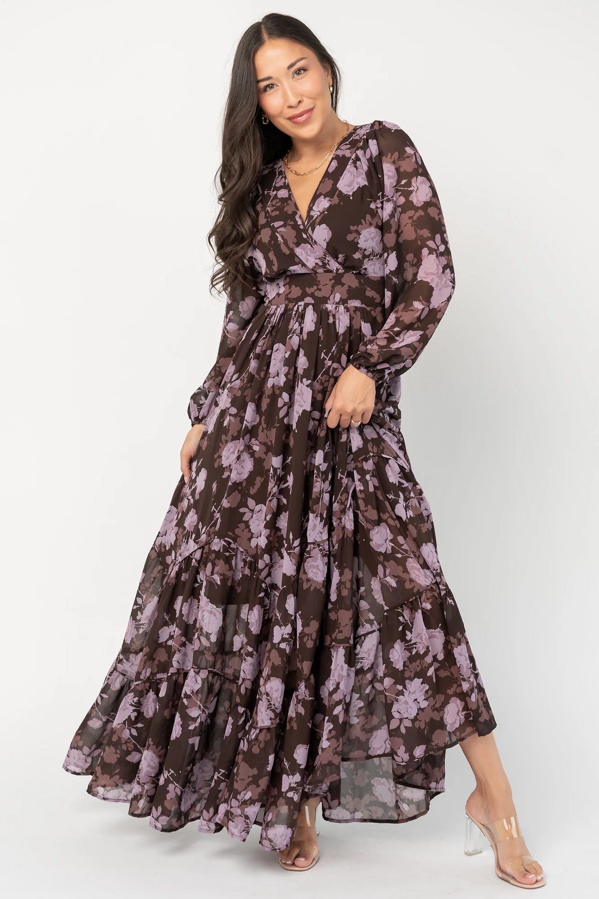 Johanna Chiffon Surplice Maxi Dress in Clove Floral with V-neck, long sleeves, side ties, and angled tiered skirt.
