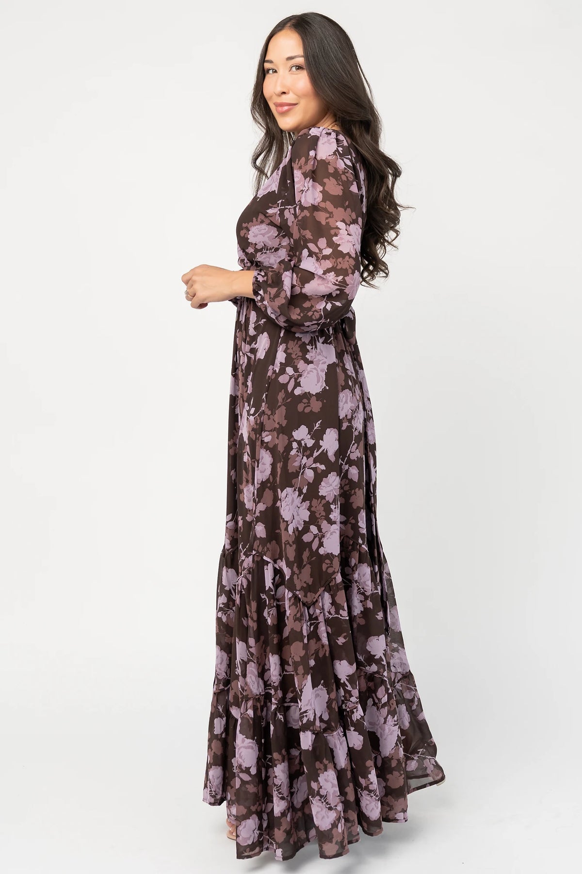 Johanna Chiffon Surplice Maxi Dress in Clove Floral with V-neck, long sleeves, side ties, and angled tiered skirt.