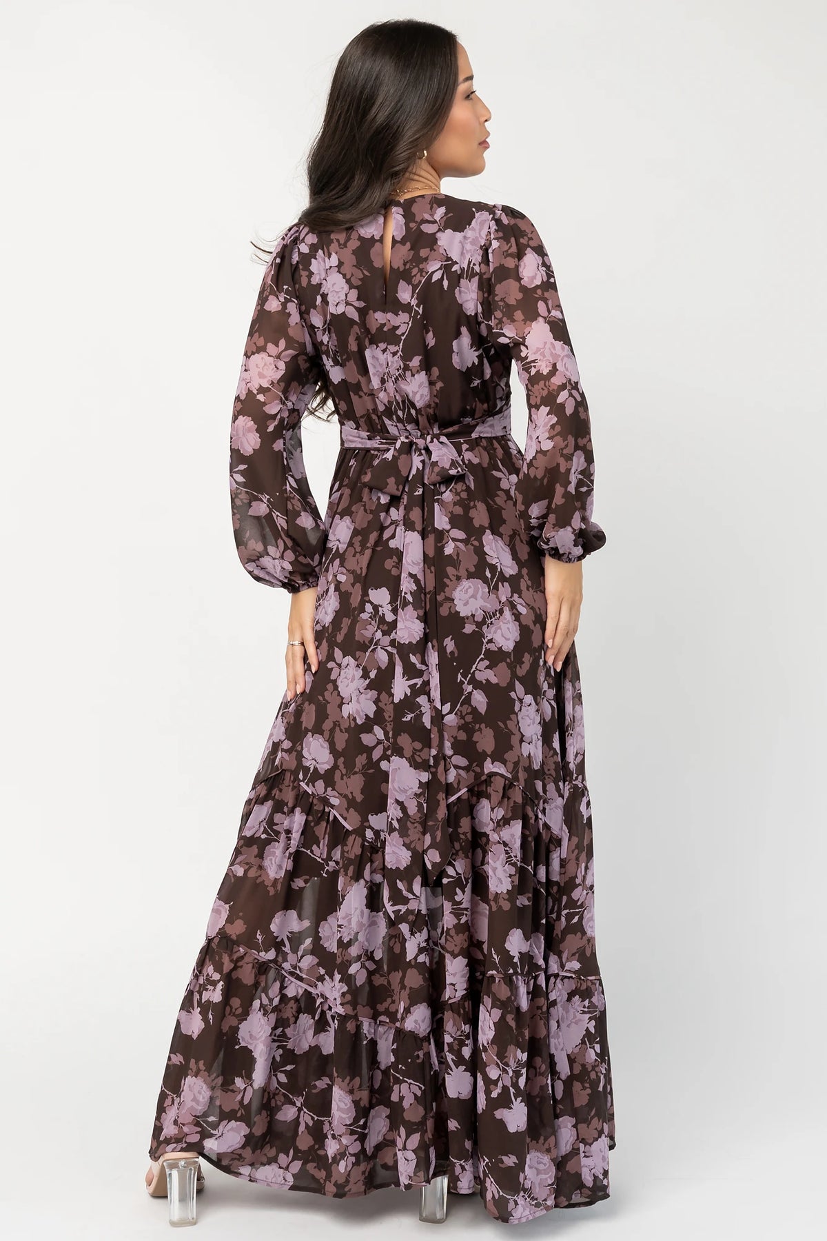Johanna Chiffon Surplice Maxi Dress in Clove Floral with V-neck, long sleeves, side ties, and angled tiered skirt.