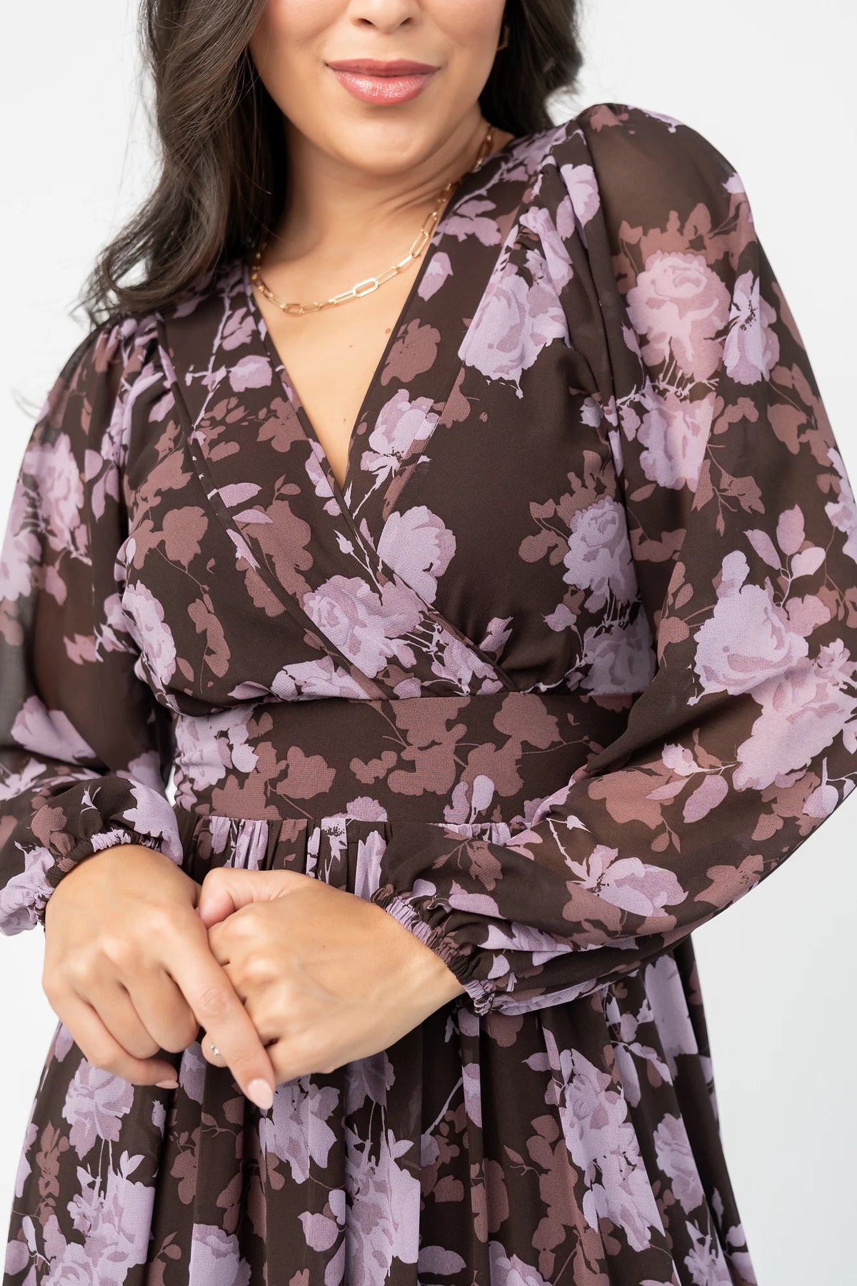 Johanna Chiffon Surplice Maxi Dress in Clove Floral with V-neck, long sleeves, side ties, and angled tiered skirt.